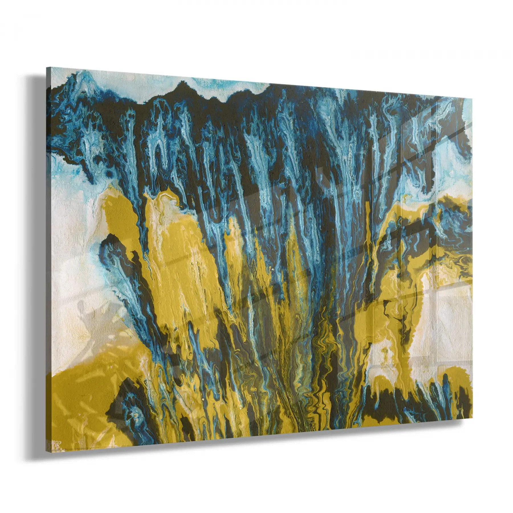 Mavi Sarı Desenli Tekli Yatay Cam Tablo