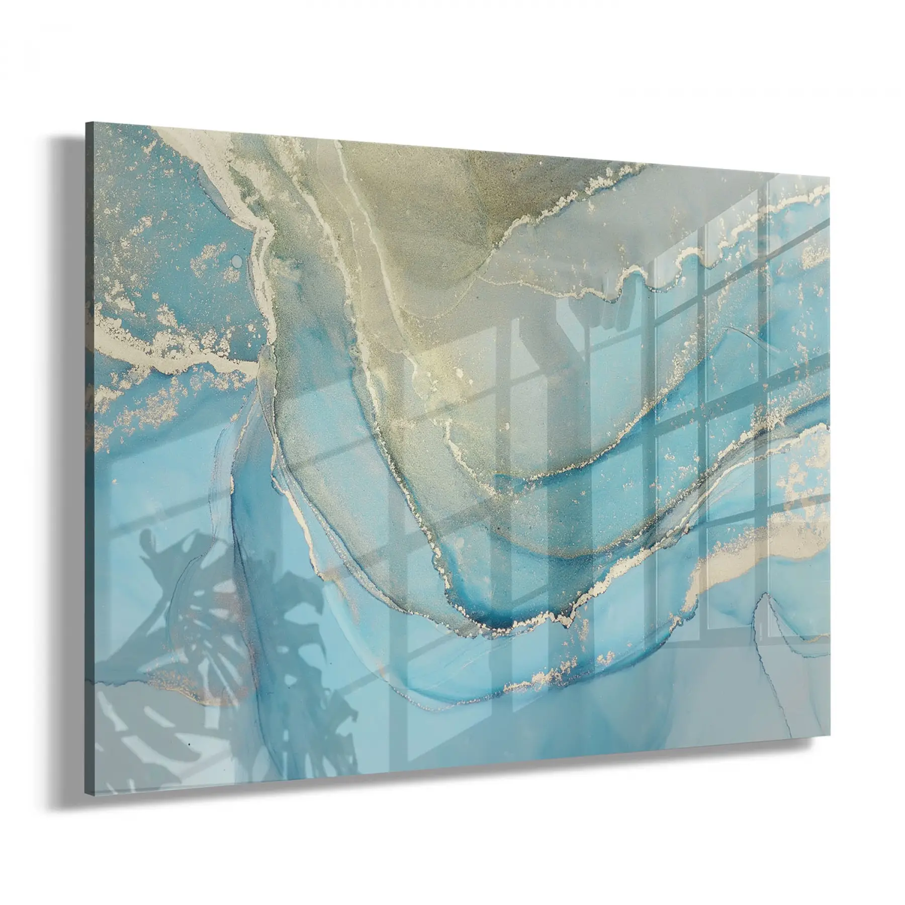 Mavi Sarı Mermer Desenli Tekli Yatay Cam Tablo