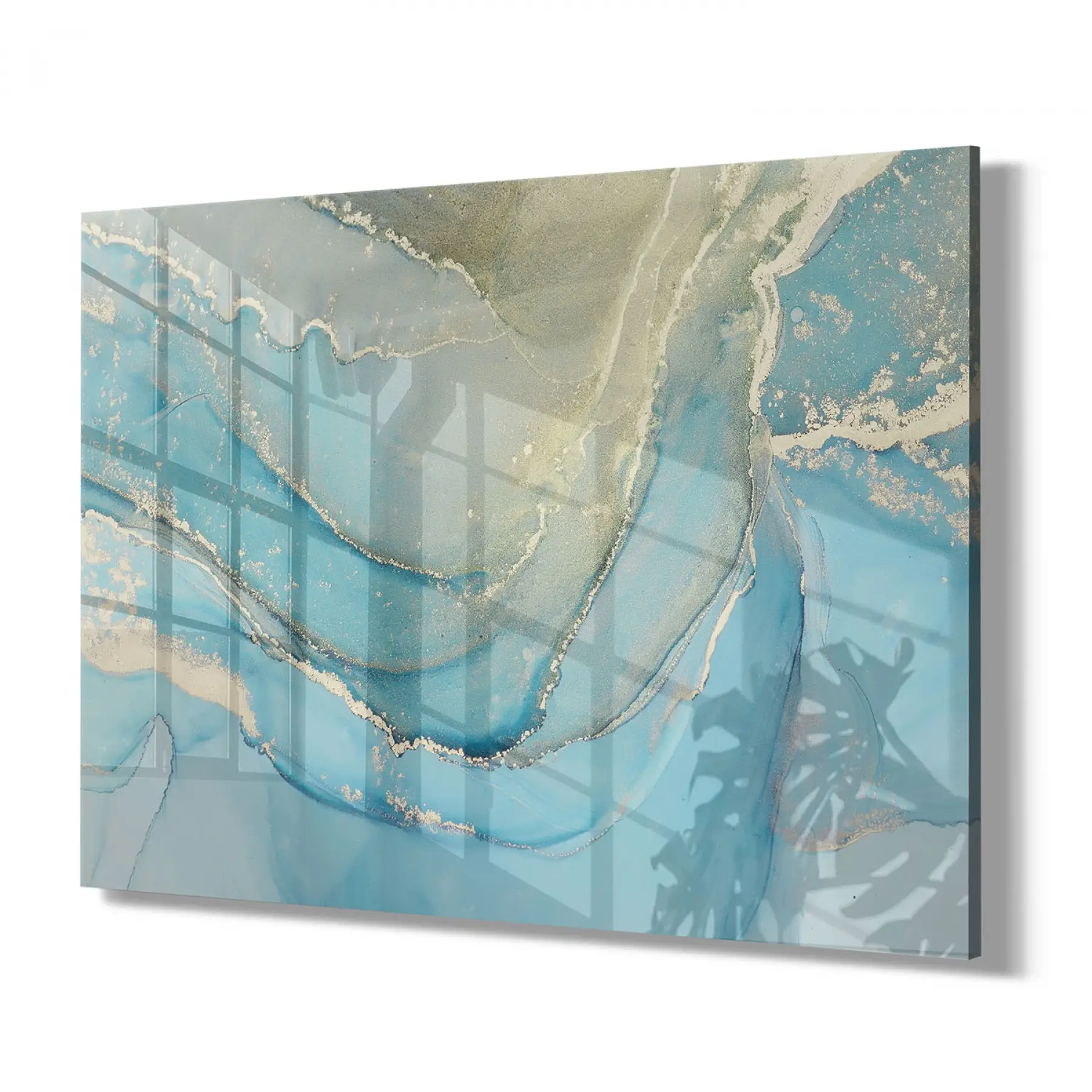 Mavi Sarı Mermer Desenli Tekli Yatay Cam Tablo