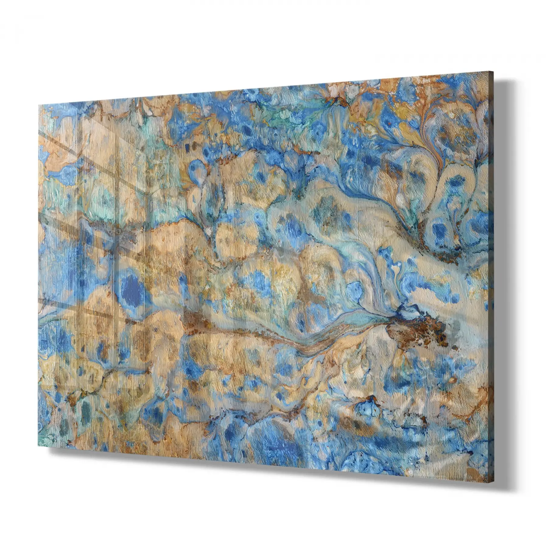 Mavi Sarı Soyut Desenli Tekli Yatay Cam Tablo