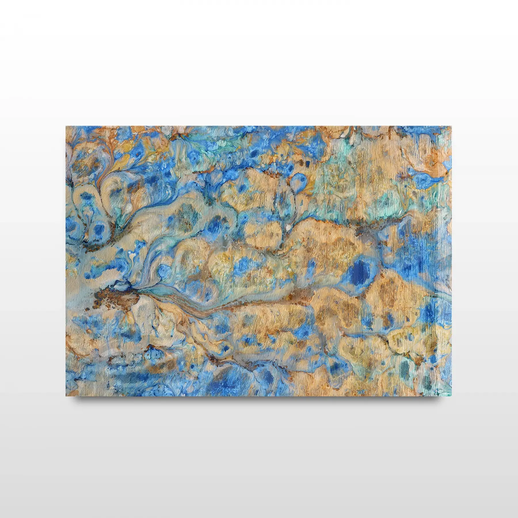 Mavi Sarı Soyut Desenli Tekli Yatay Cam Tablo