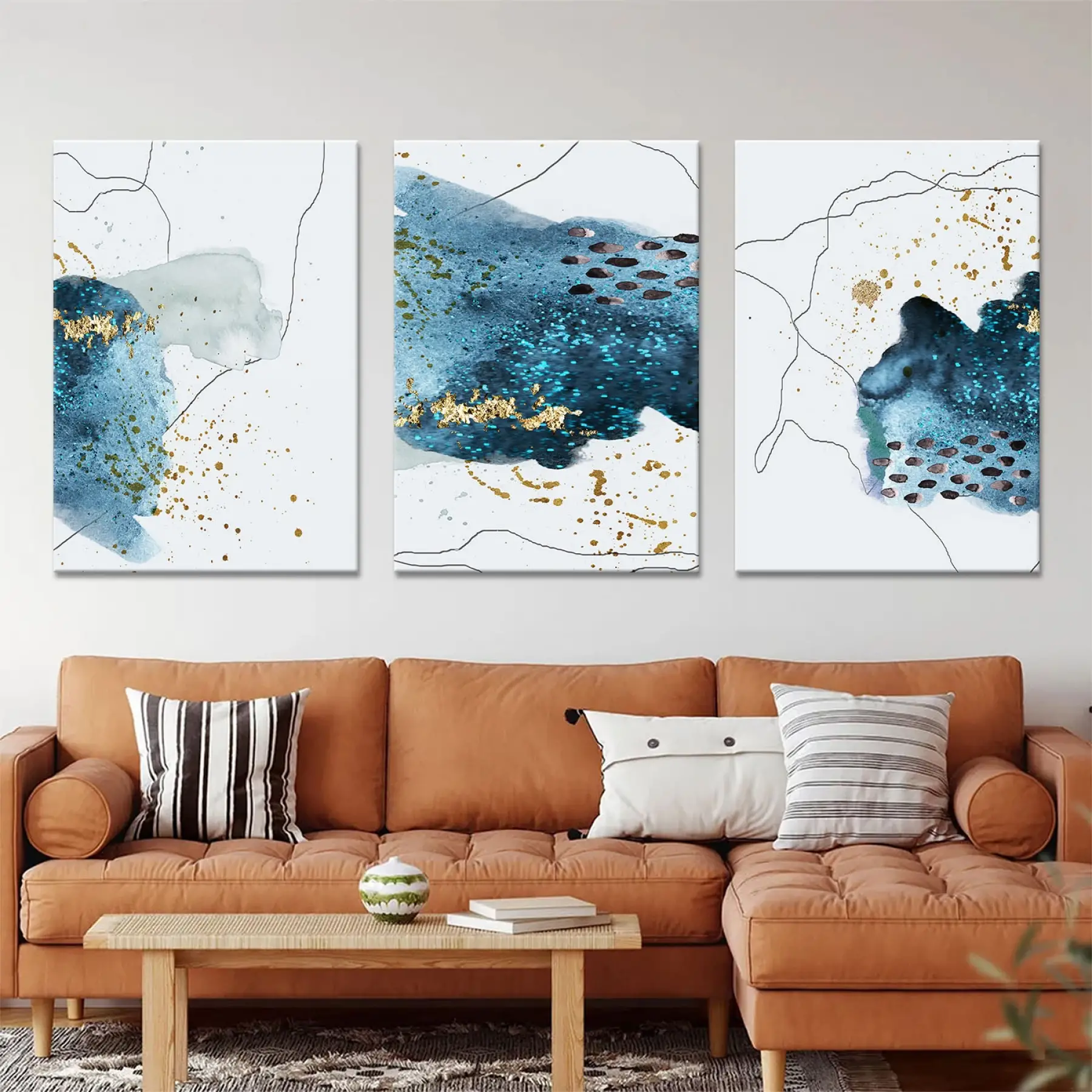 Mavi Tonlar Üçlü Kanvas Tablo Seti