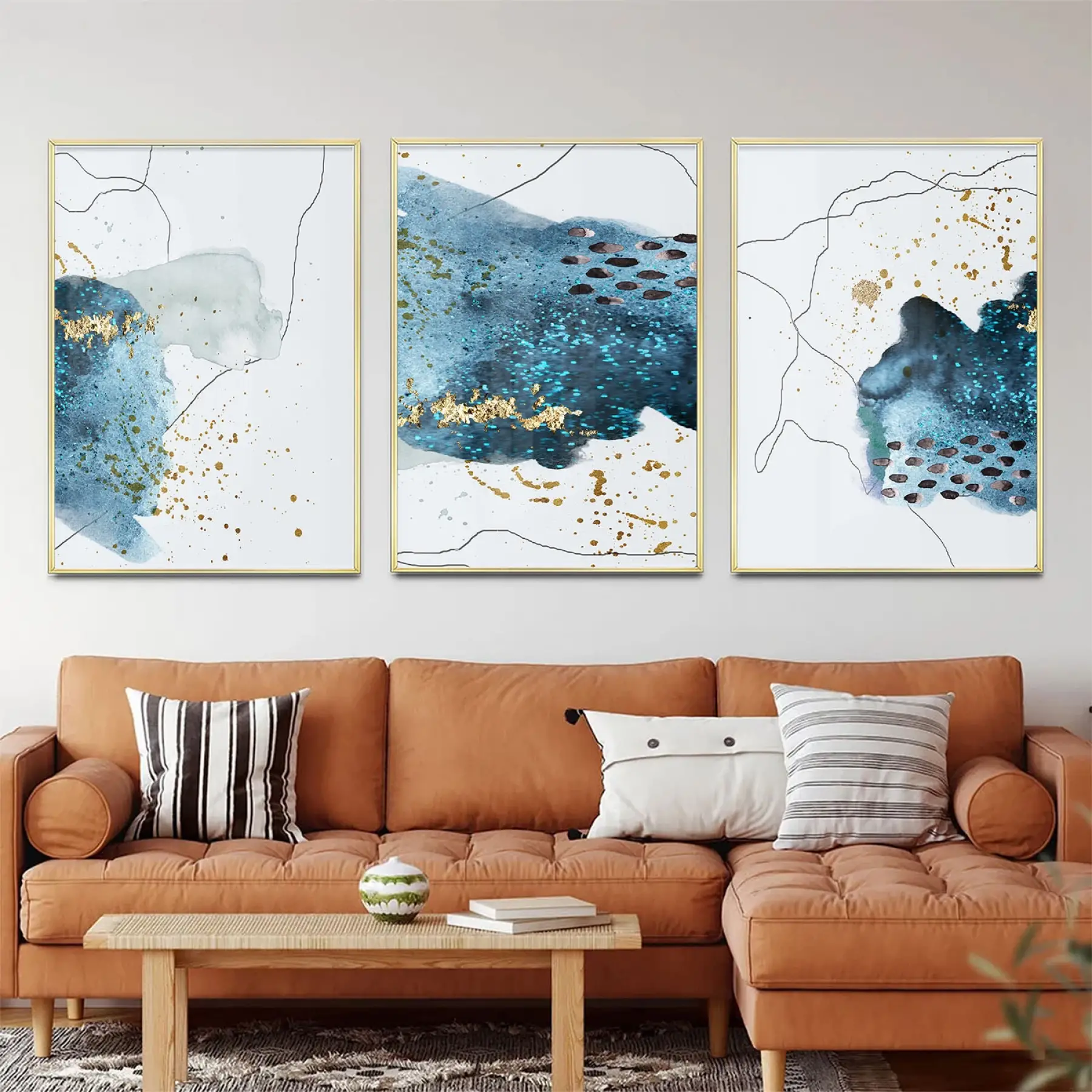 Mavi Tonlar Üçlü Metal Çerçeveli Tablo Seti