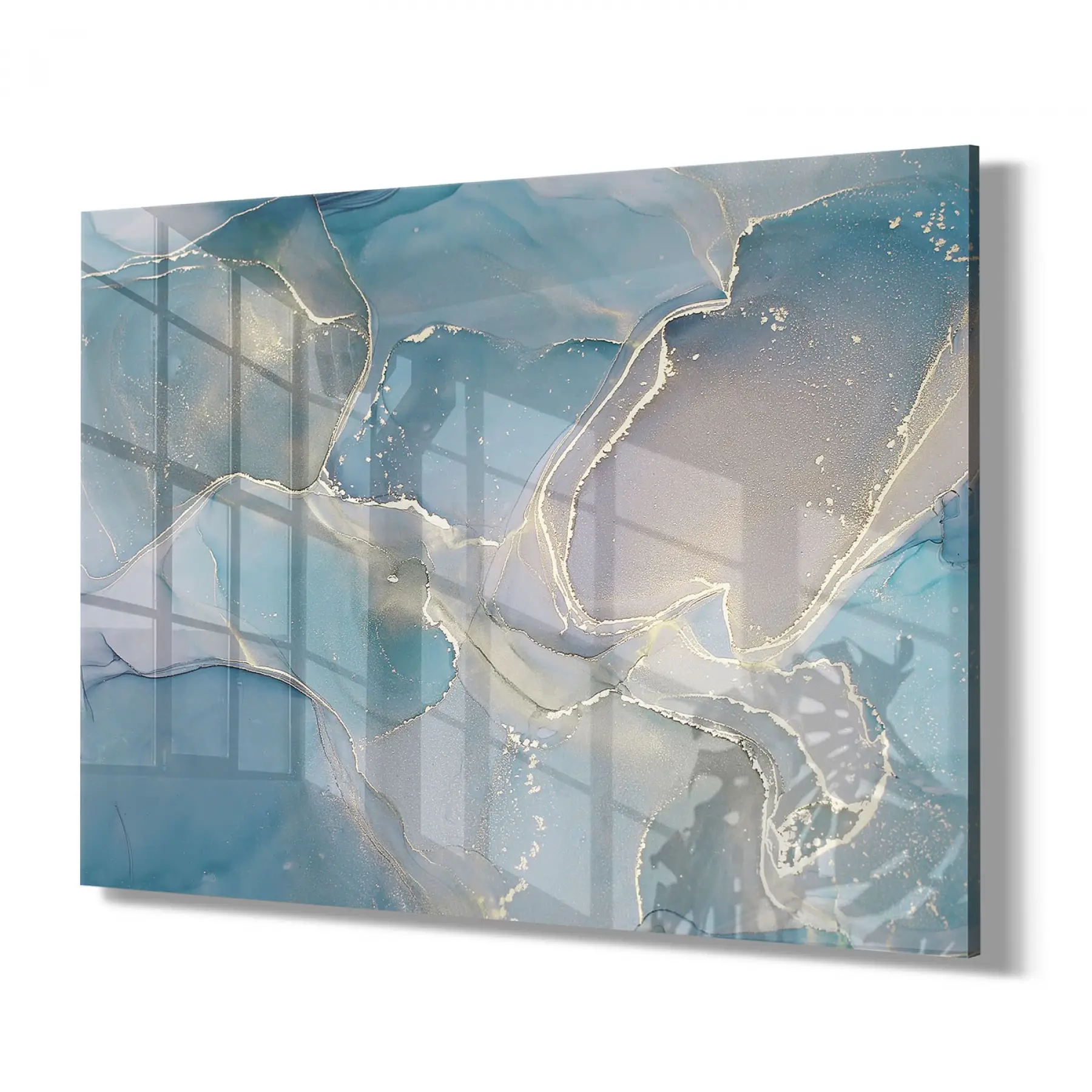 Mavi ve Altın Karışık Tonlar Tekli Yatay Cam Tablo