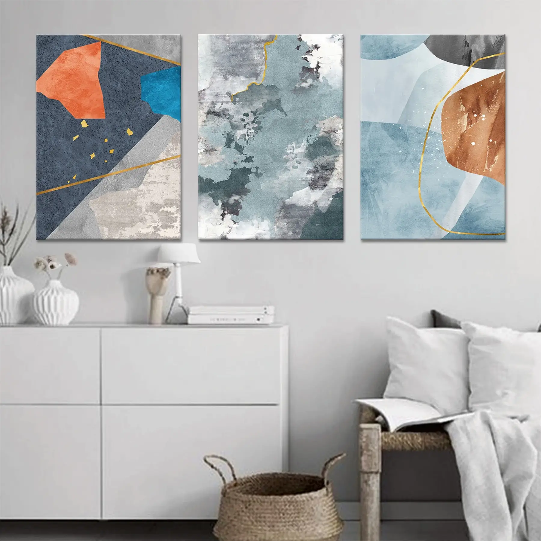 Mavi ve Geometrik Desenli Üçlü Kanvas Tablo Seti