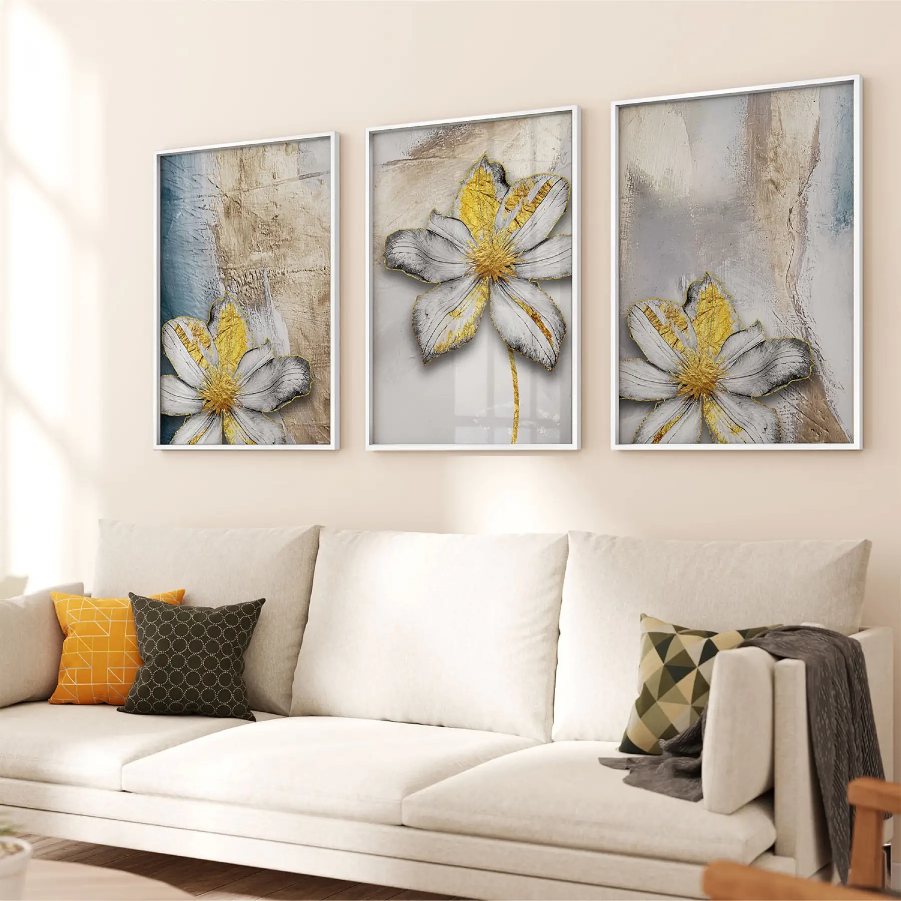 Mavi ve Gold Desenli Üçlü Metal Çerçeveli Tablo Seti