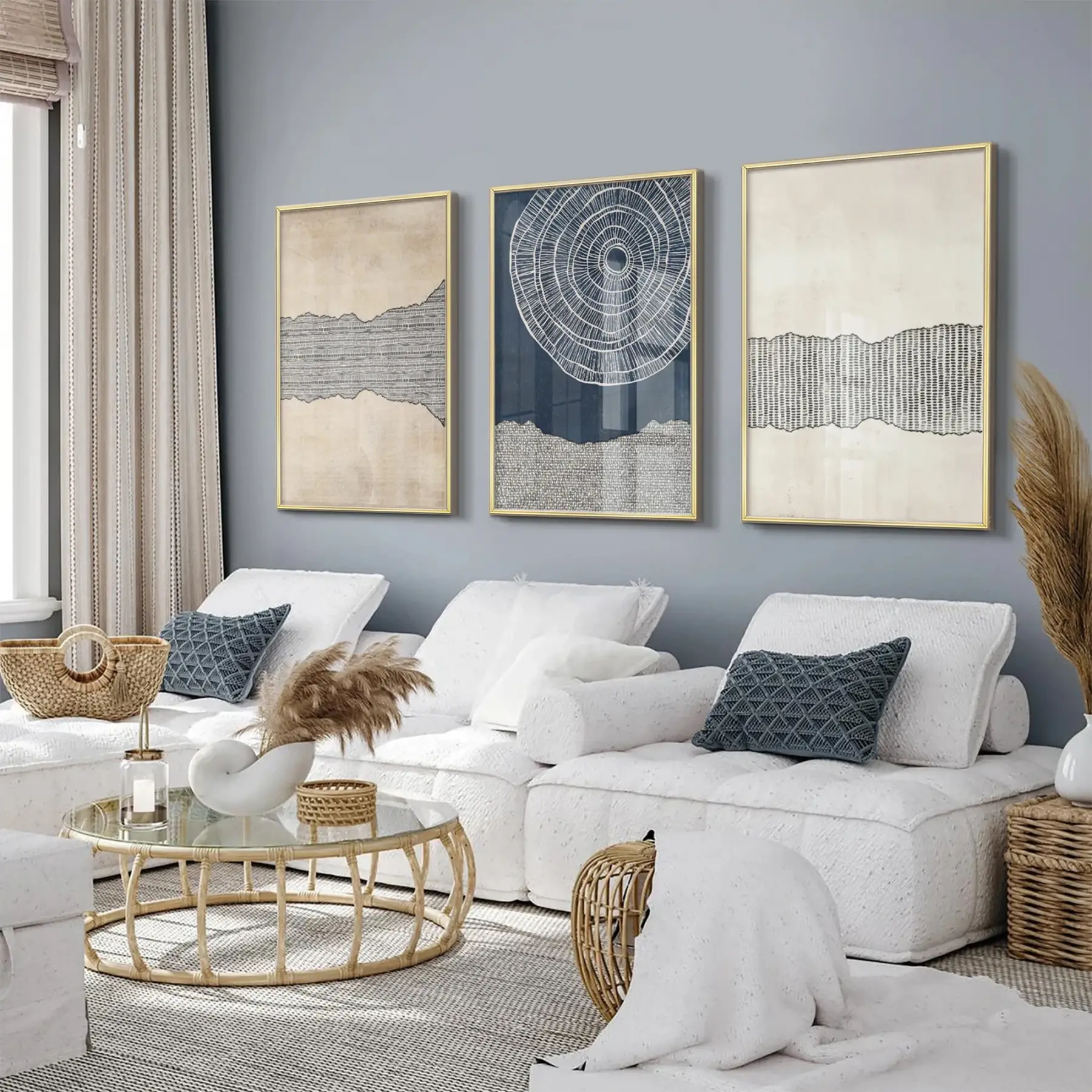 Mavi ve Krem Temalı Gold Metal Çerçeveli Cam Tablo Seti