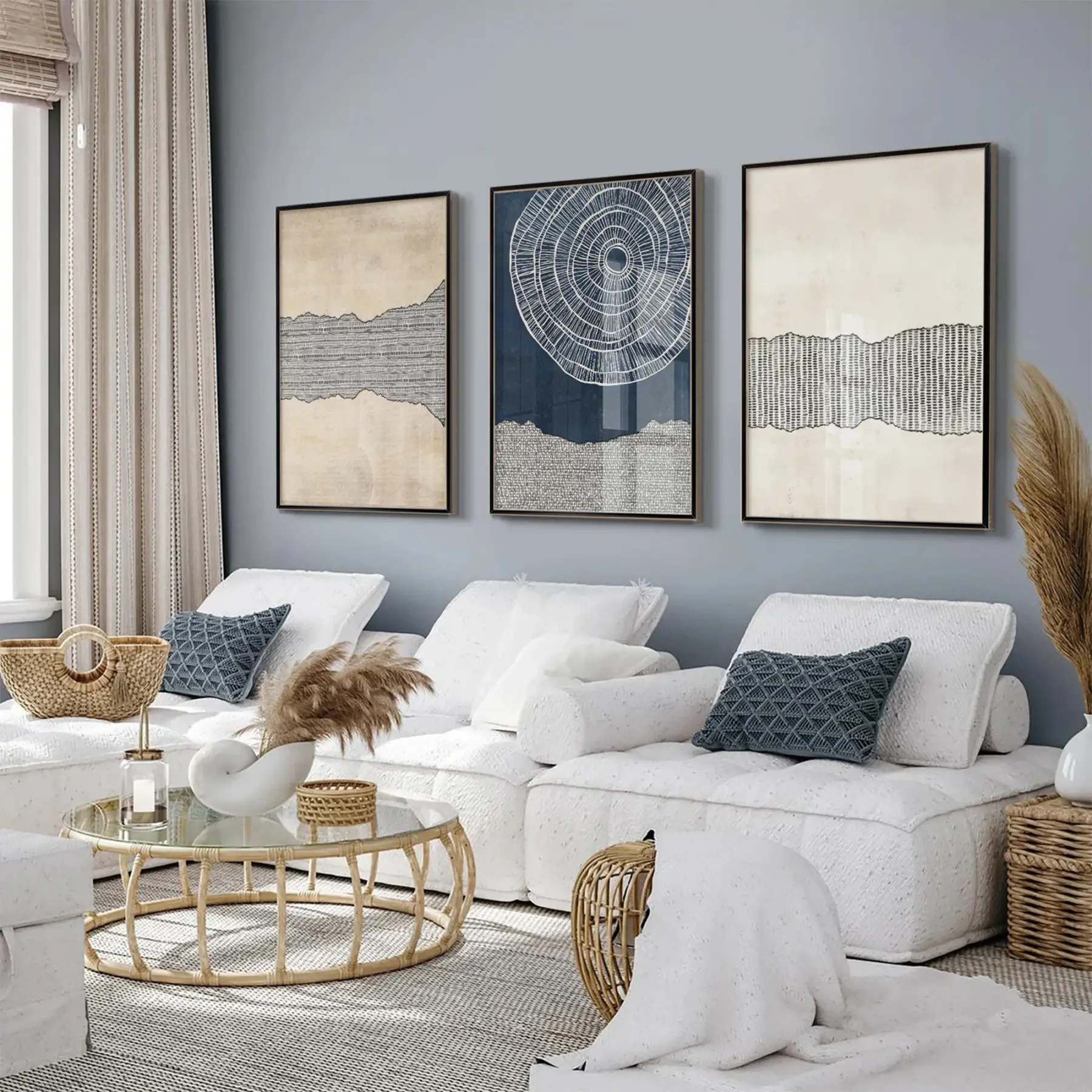 Mavi ve Krem Temalı Siyah Metal Çerçeveli Cam Tablo Seti