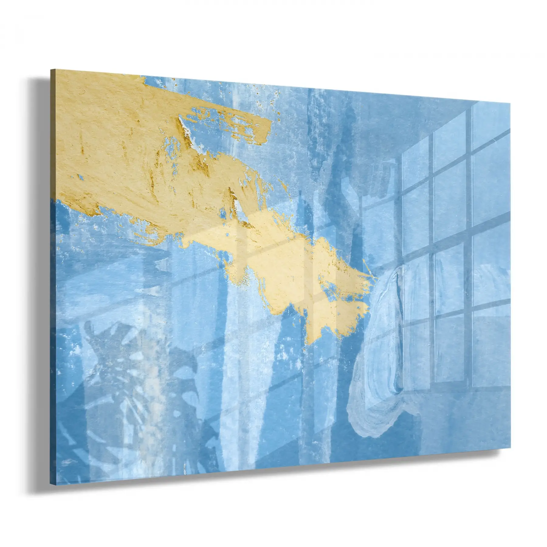 Mavi ve Sarı Desenli Tekli Yatay Cam Tablo