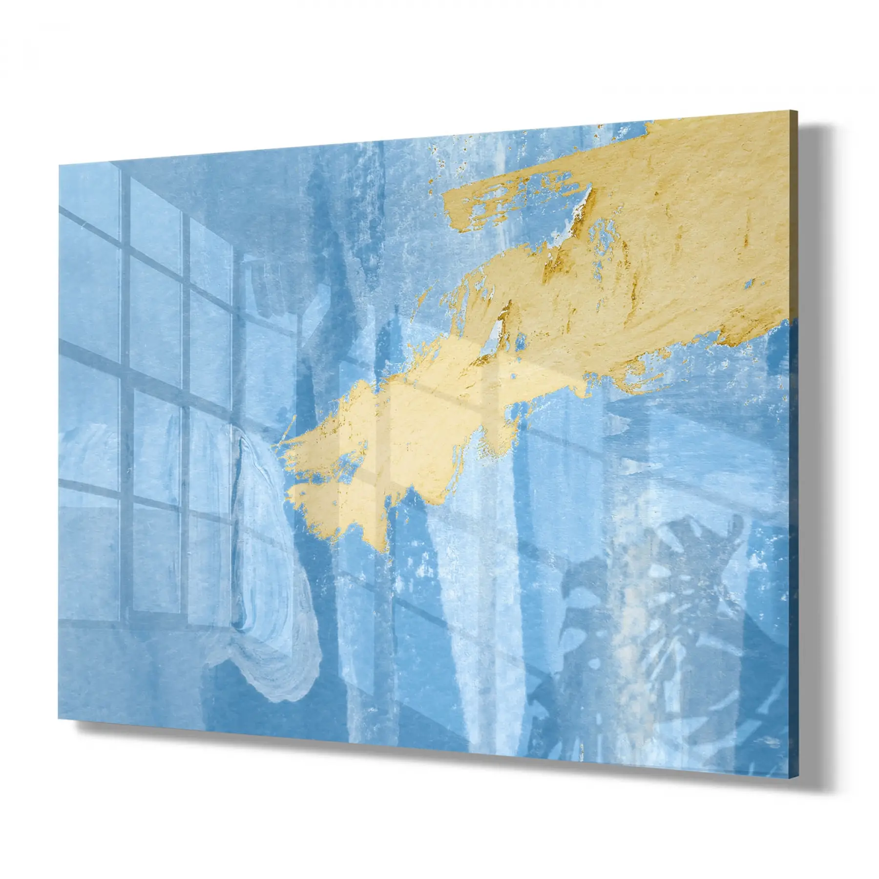 Mavi ve Sarı Desenli Tekli Yatay Cam Tablo