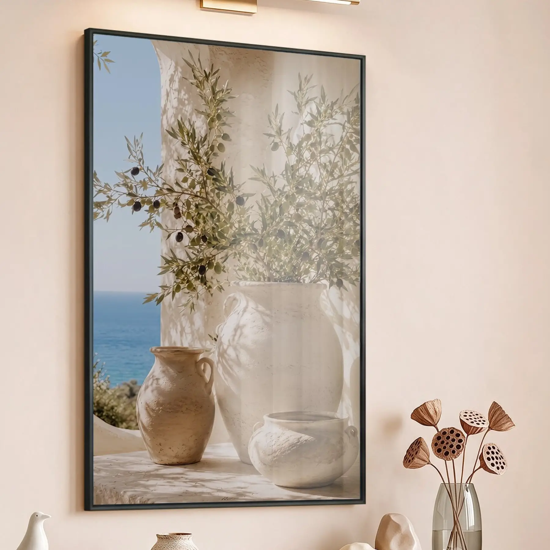 1 Adet Siyah Metal Çerçeveli Temperli Cam Baskılı Tablo Tablo — Bej Zeytin