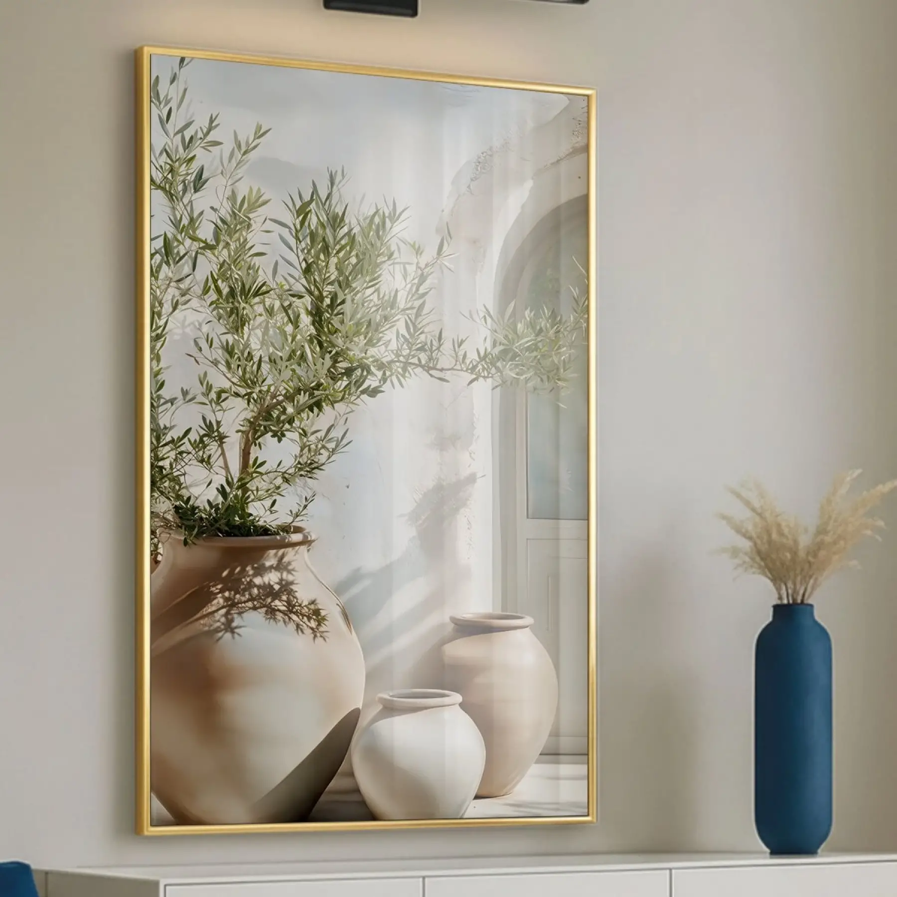 1 Parça Altın Metal Çerçeveli Gerçek Cama Baskılı Duvar Tablo — Bej Zeytin