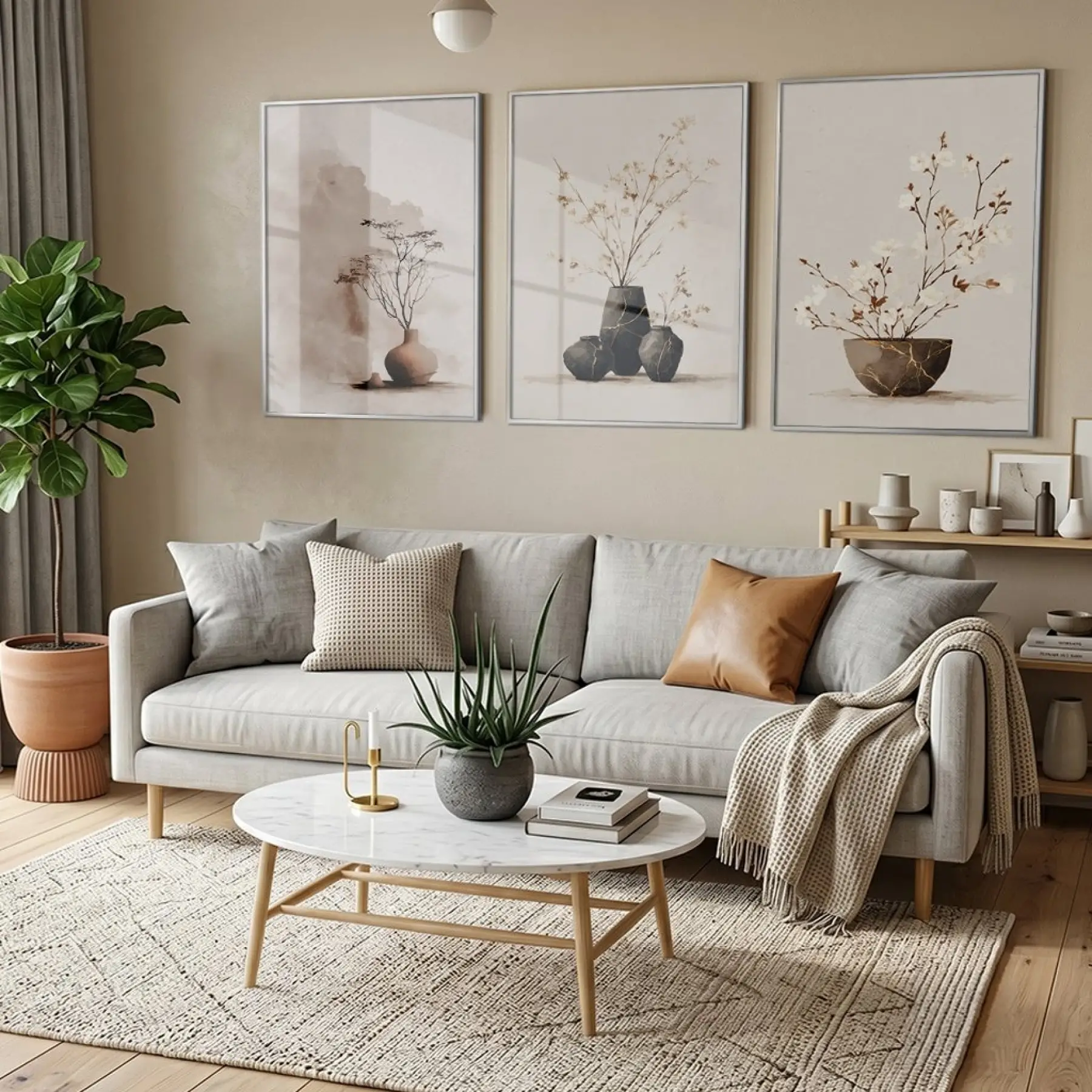 3 Lü Gümüş Metal Çerçeveli Gerçek Cama Baskılı Botanik Tablo Seti — Bej Vazoda