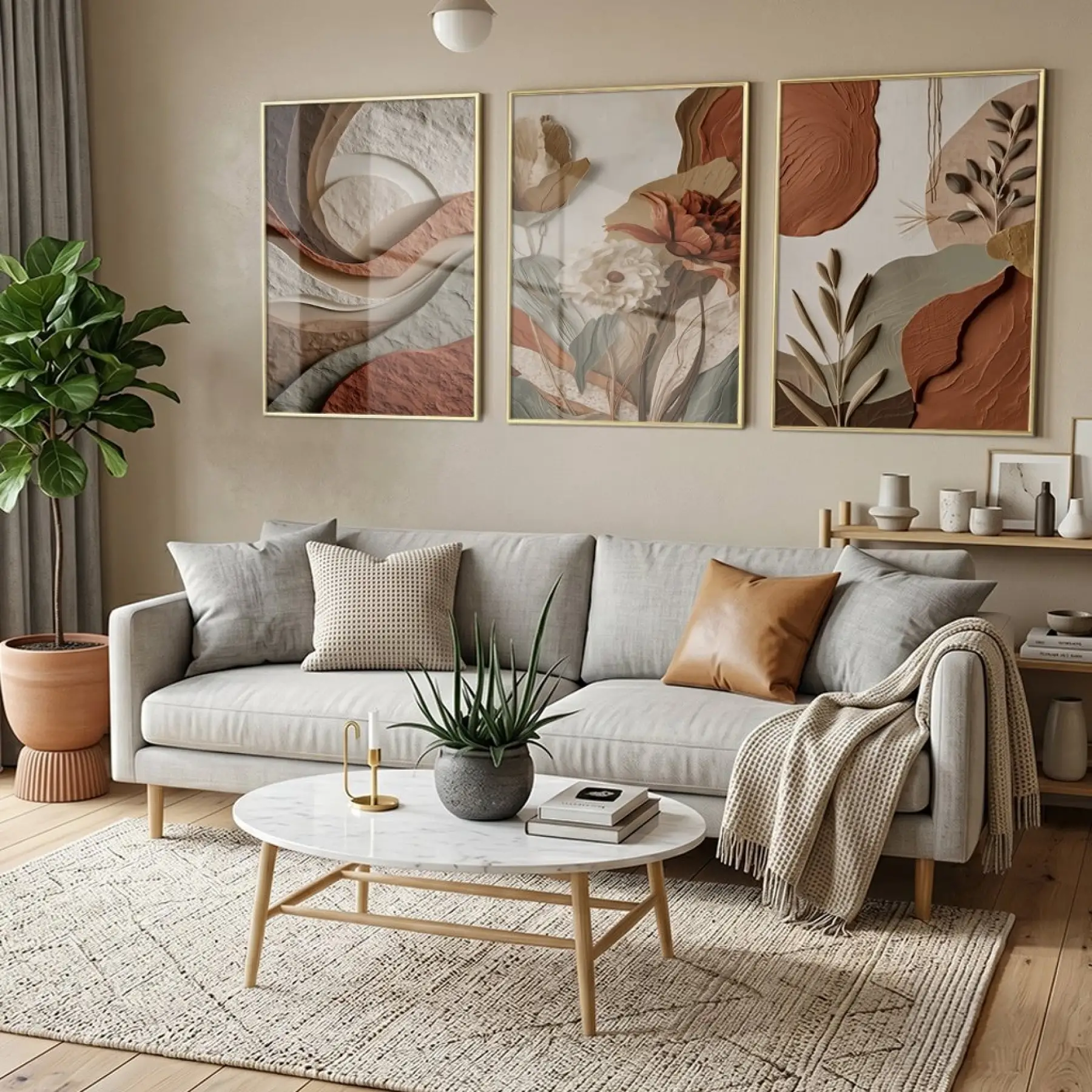 3 Parça Altın Metal Çerçeveli Premium Cam Baskılı Metal Duvar Tablo Seti — Çok Renkli Doğal