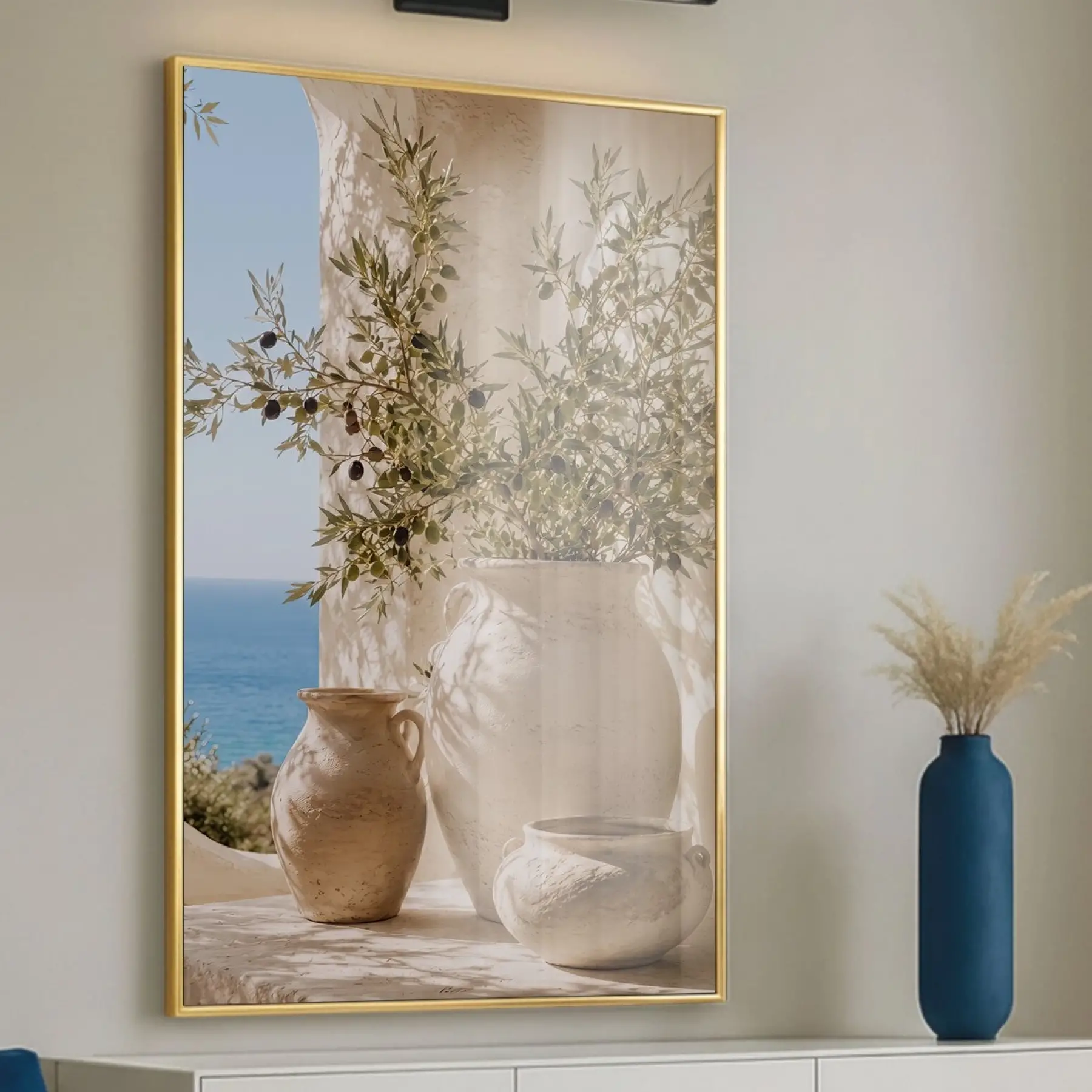Tek Parça Altın Metal Çerçeveli Premium Cam Baskılı Duvar Tablo — Bej Zeytin