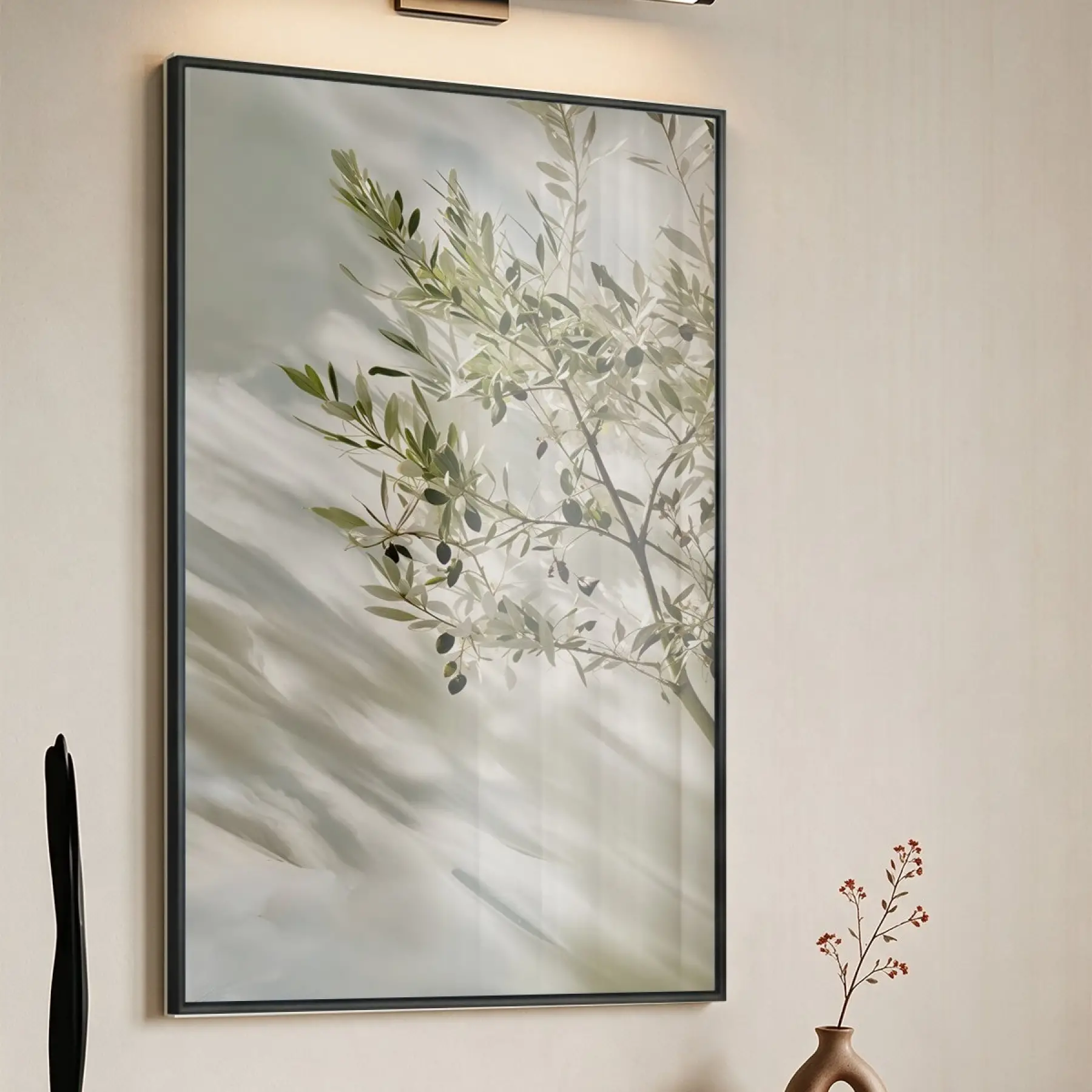 Tek Parça Siyah Metal Çerçeveli Gerçek Kırılmaz Cam Duvar Tablo — Yeşil Zeytin