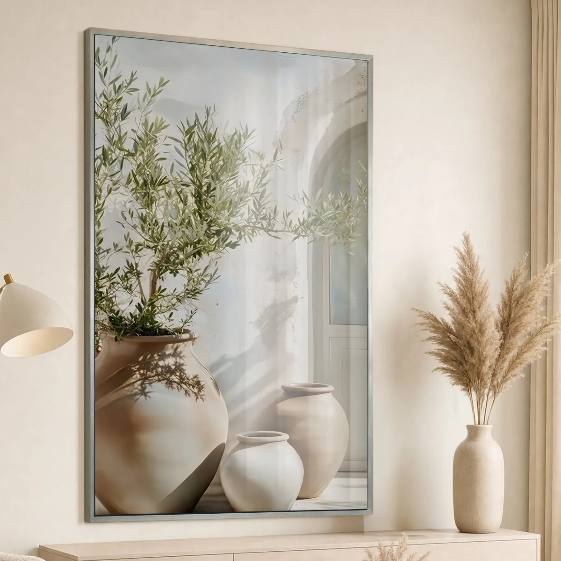 Tekli Premium Metal Çerçeveli Gerçek Kırılmaz Cam Metal Duvar Tablo — Bej Zeytin