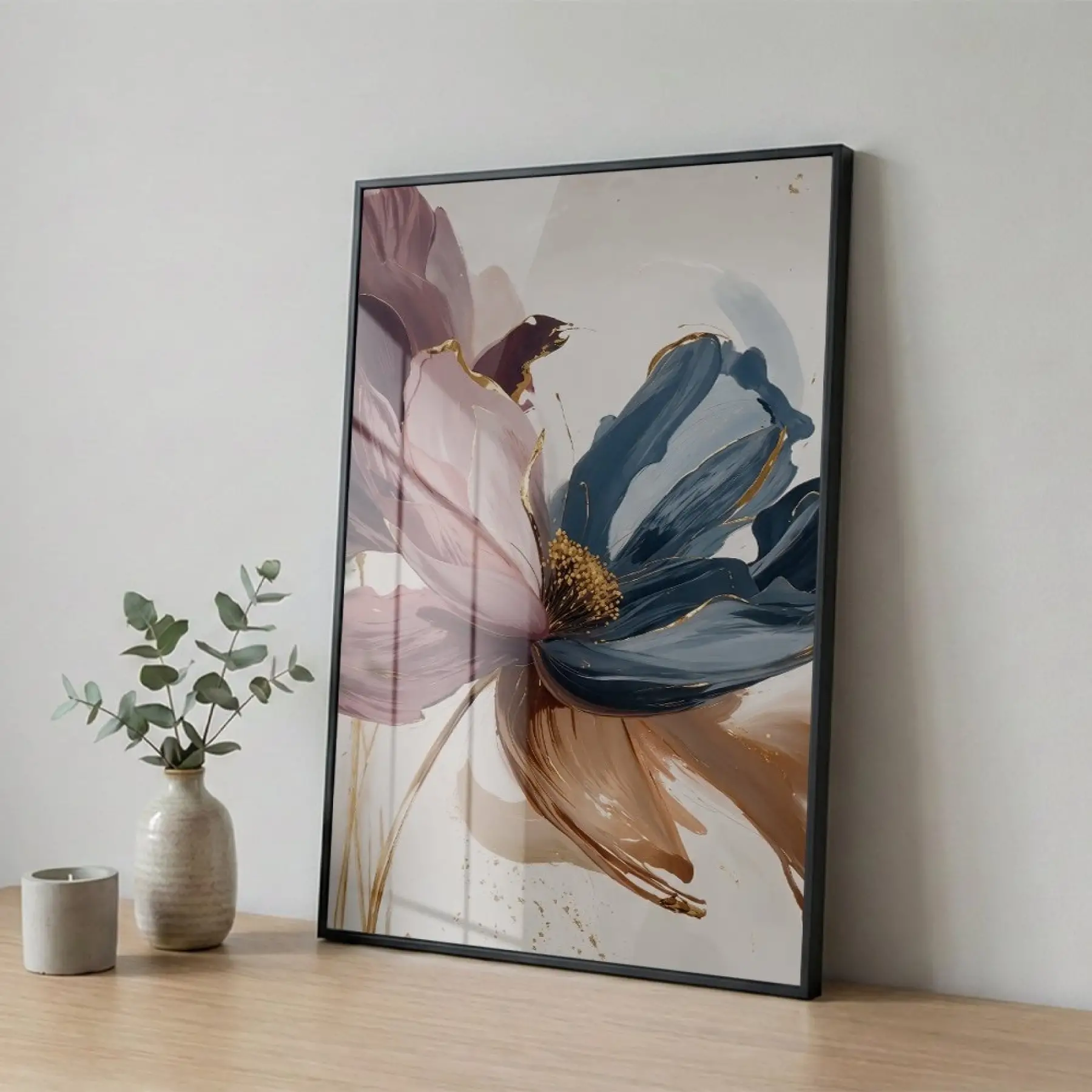 Tekli Siyah Metal Çerçeveli Gerçek Cama Baskılı Metal Duvar Tablo — Çok Renkli Ressam