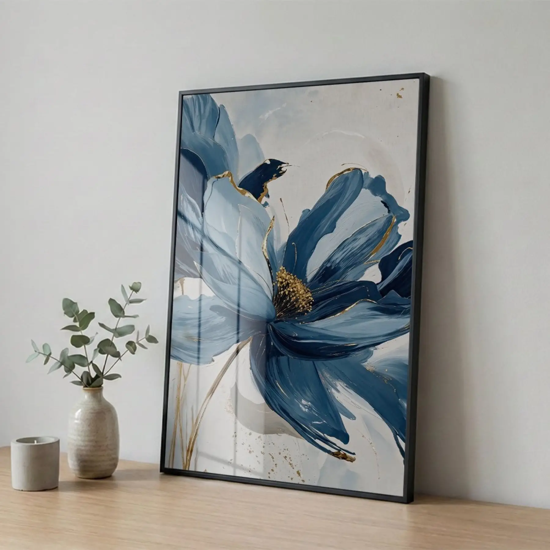 Tekli Siyah Metal Çerçeveli Premium Cam Baskılı Modern Tablo — Mavi Çiçek