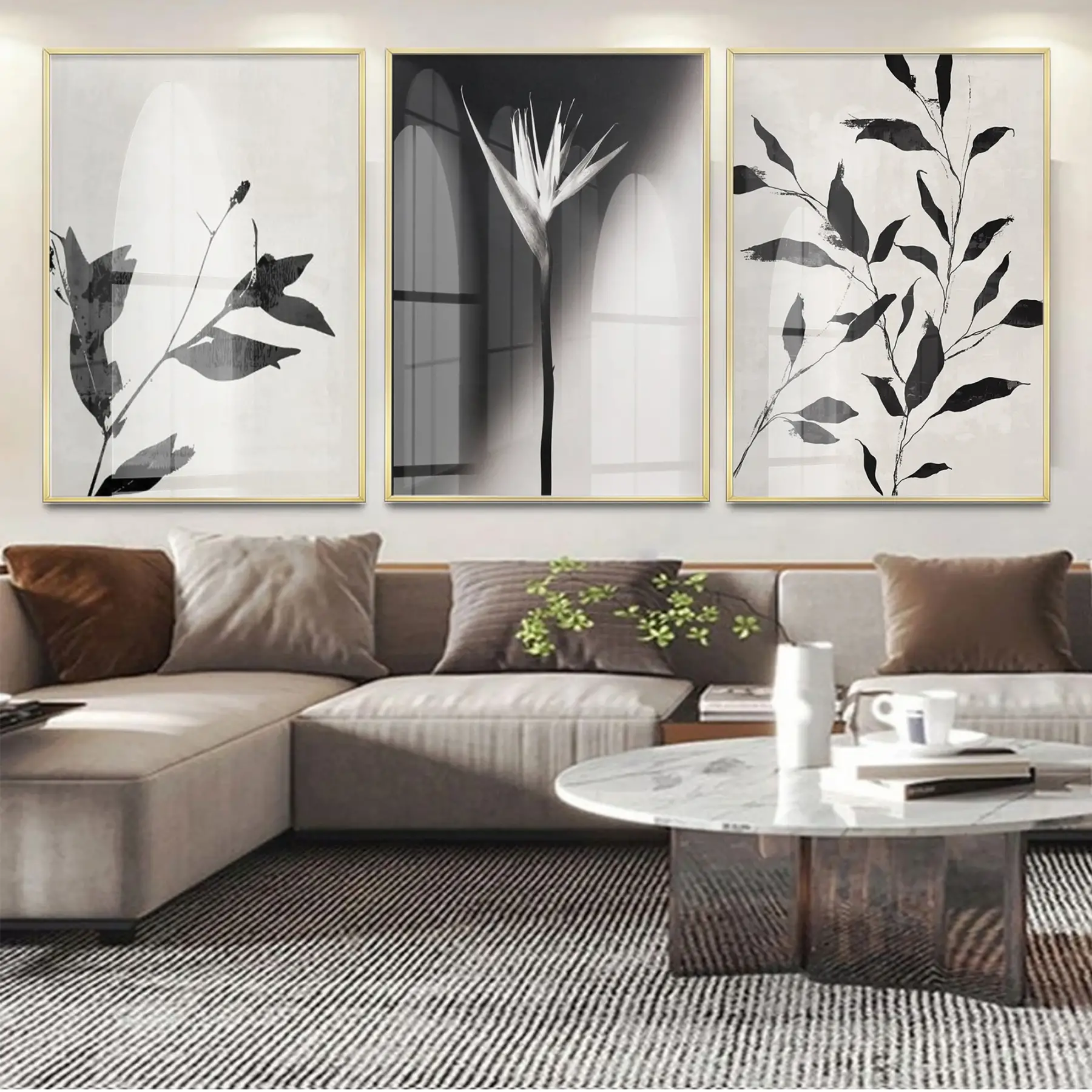 Minimalist Siyah-Beyaz Floral Gold Metal Çerçeveli Cam Tablo