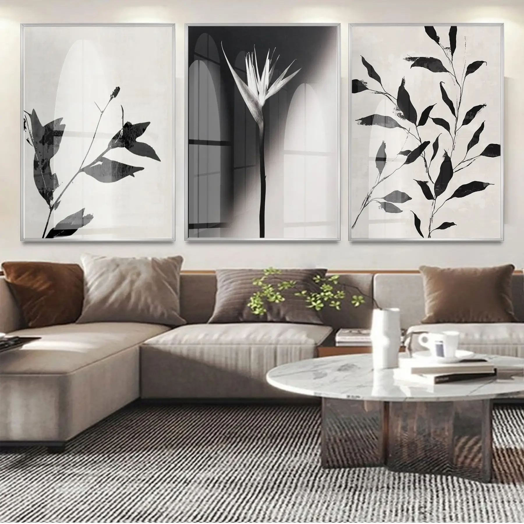 Minimalist Siyah-Beyaz Floral Gümüş Metal Çerçeveli Cam Tablo