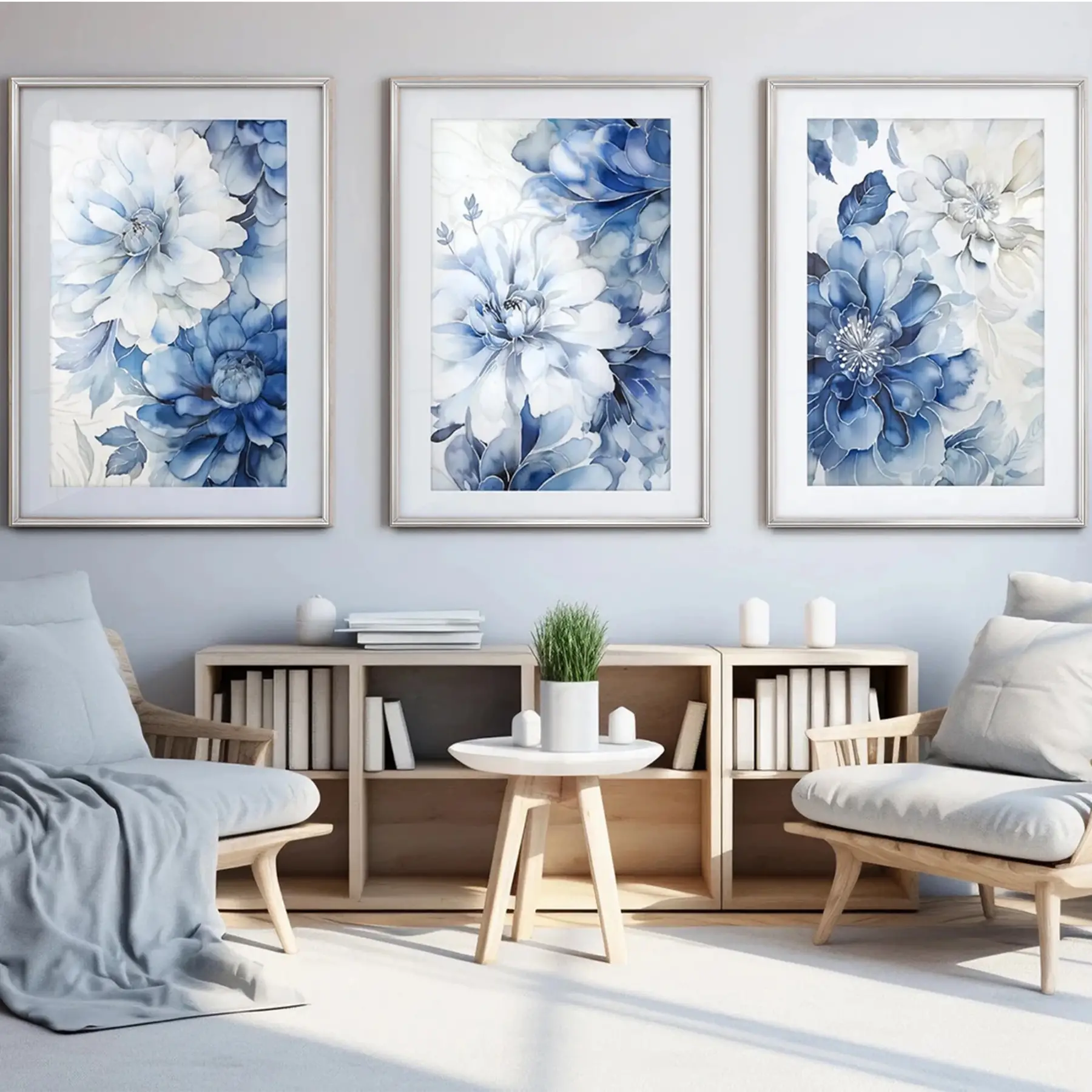 Modern ve Mavi Çiçek Desenli Sanatsal Gümüş Metal Çerçeveli Cam Tablo