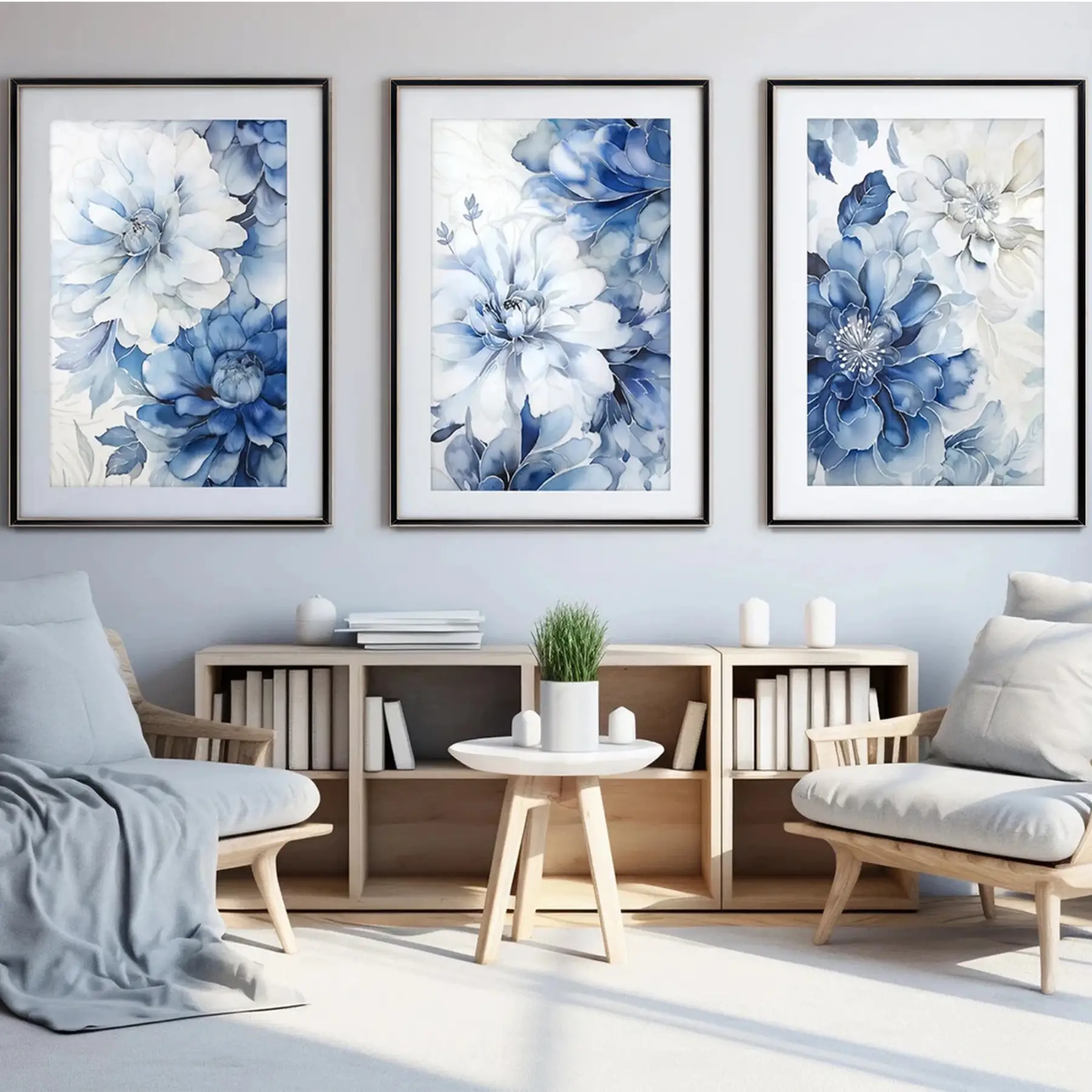 Modern ve Mavi Çiçek Desenli Sanatsal Siyah Metal Çerçeveli Cam Tablo