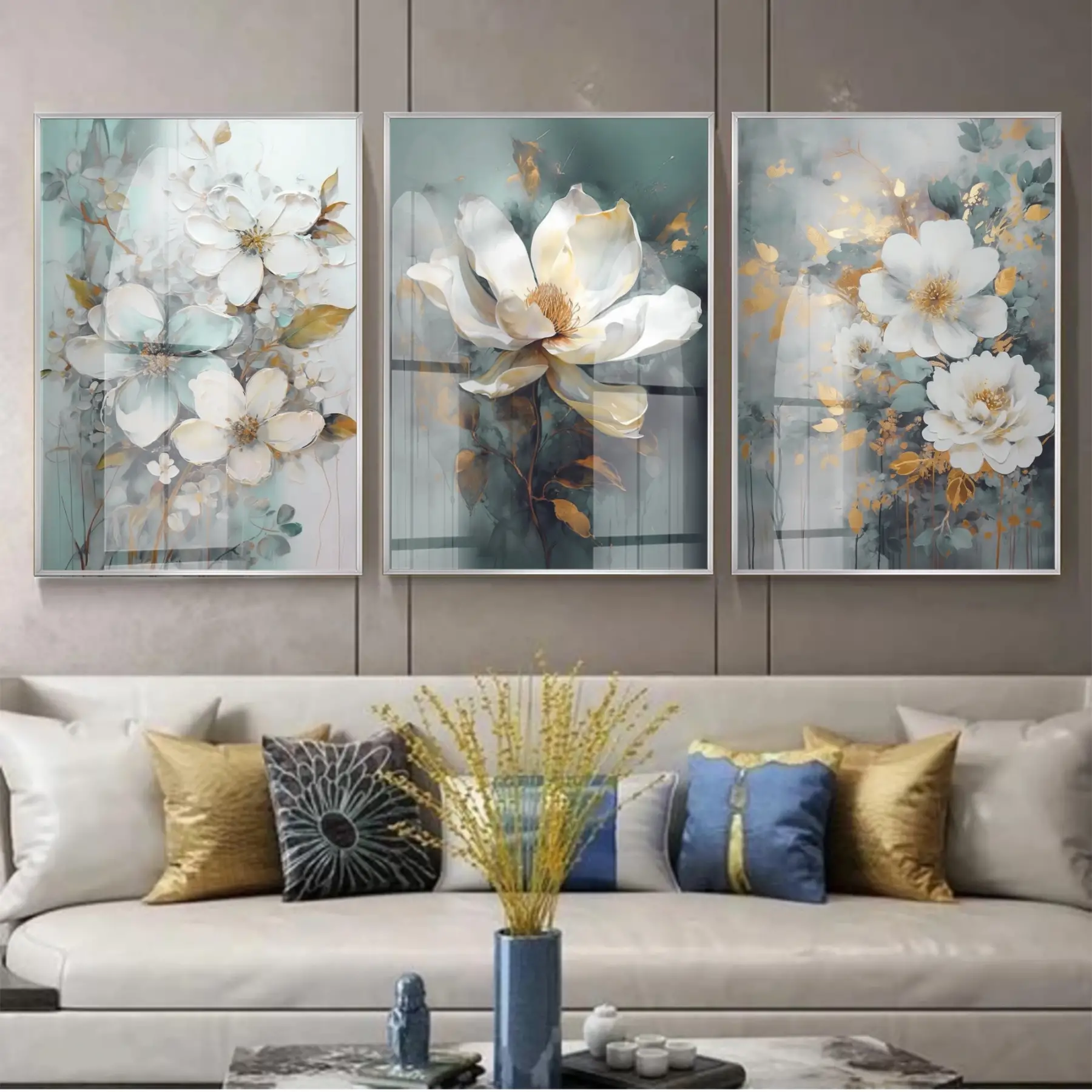 Monokrom Çiçek Desenli Gümüş Metal Çerçeveli Cam Tablo