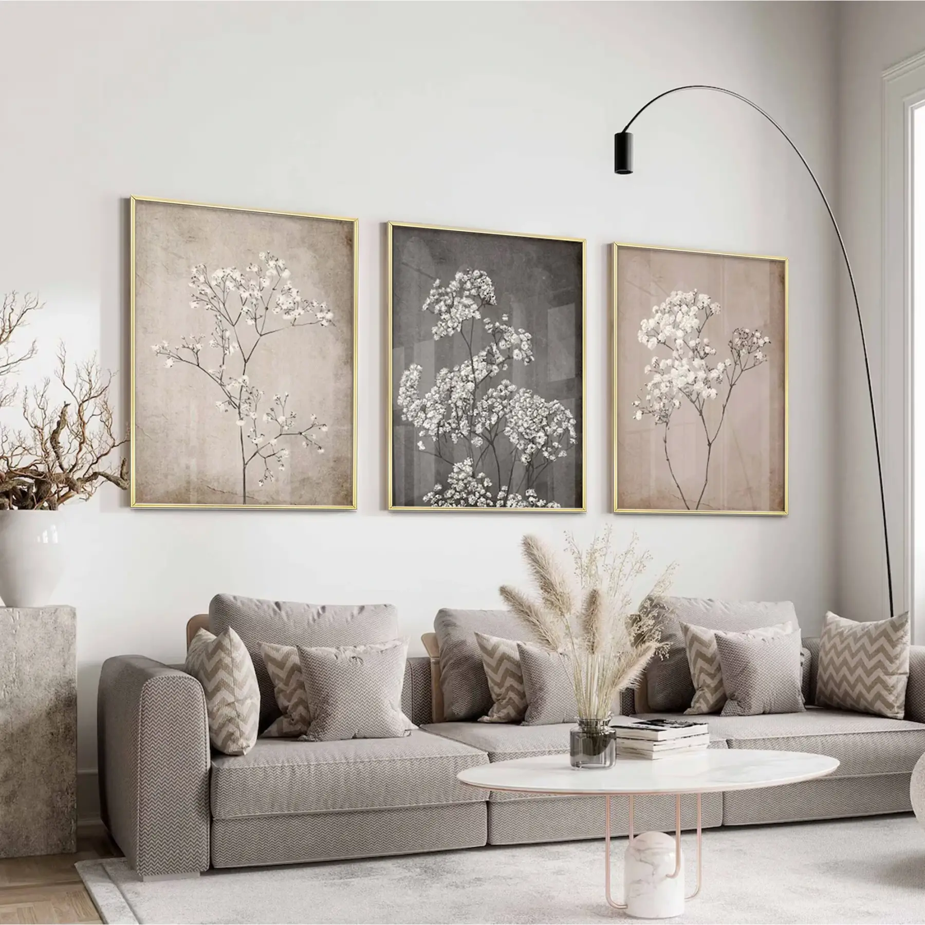 Monokrom Floral Desenli Gold Metal Çerçeveli Cam Tablo