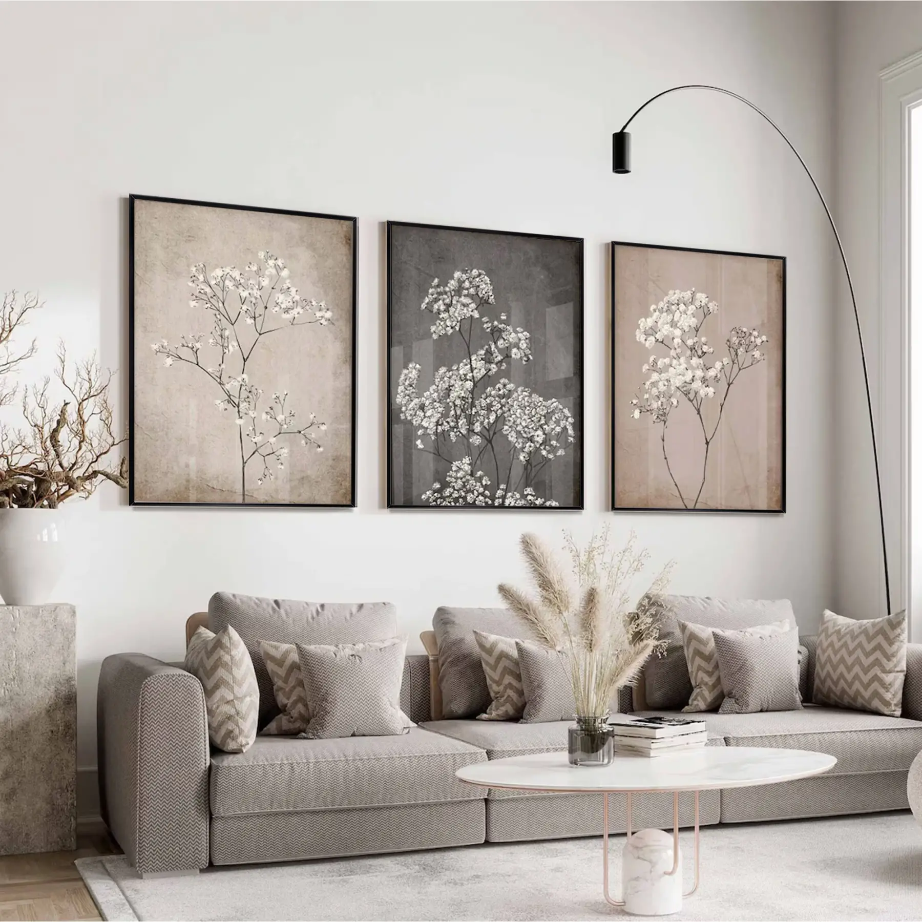 Monokrom Floral Desenli Siyah Metal Çerçeveli Cam Tablo