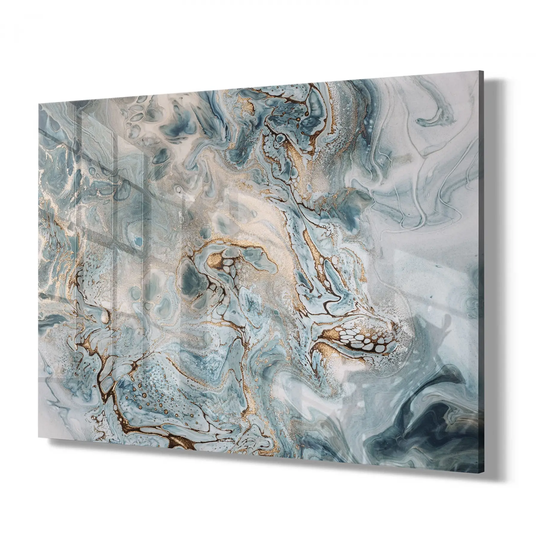 Petrol Mavisi Dalga Efektli Tekli Yatay Cam Tablo