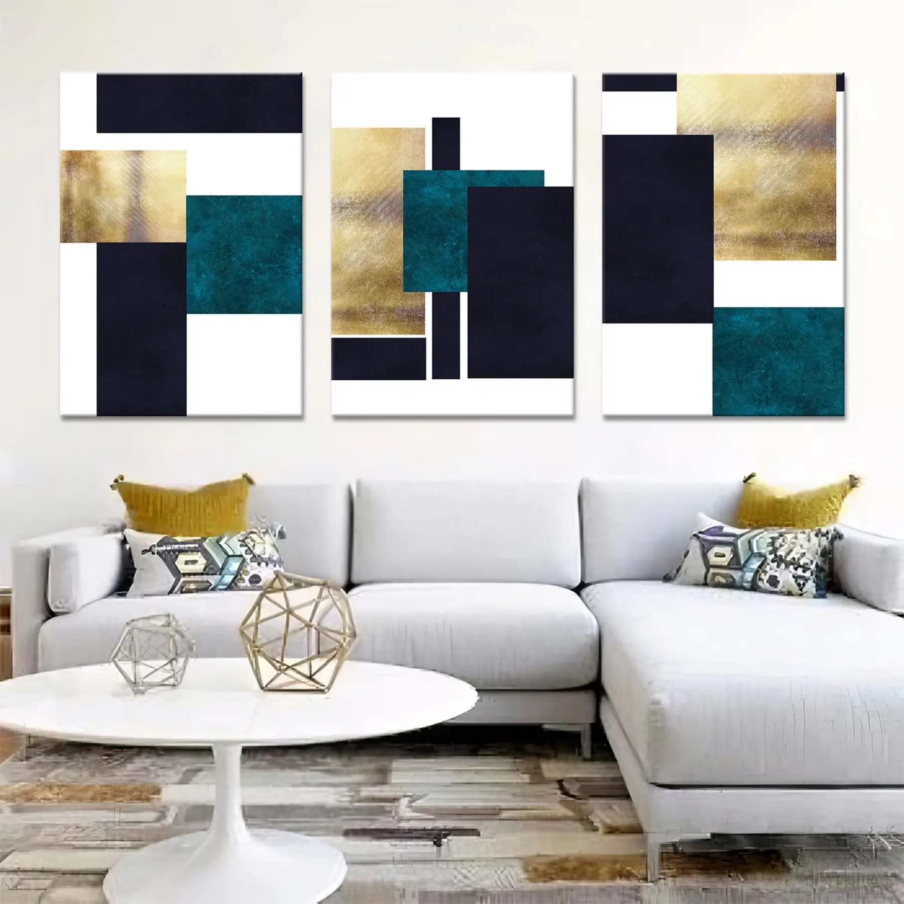 Petrol Mavisi Detaylı Üçlü Kanvas Tablo Seti