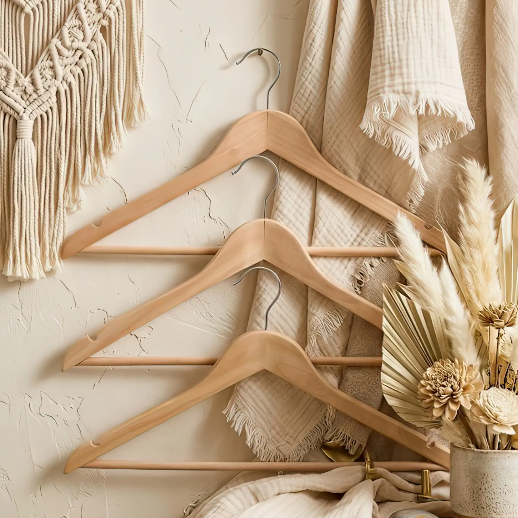 Premium Gümüş Kancalı Naturel Ahşap Elbise Askısı – Modern ve Şık Tasarım