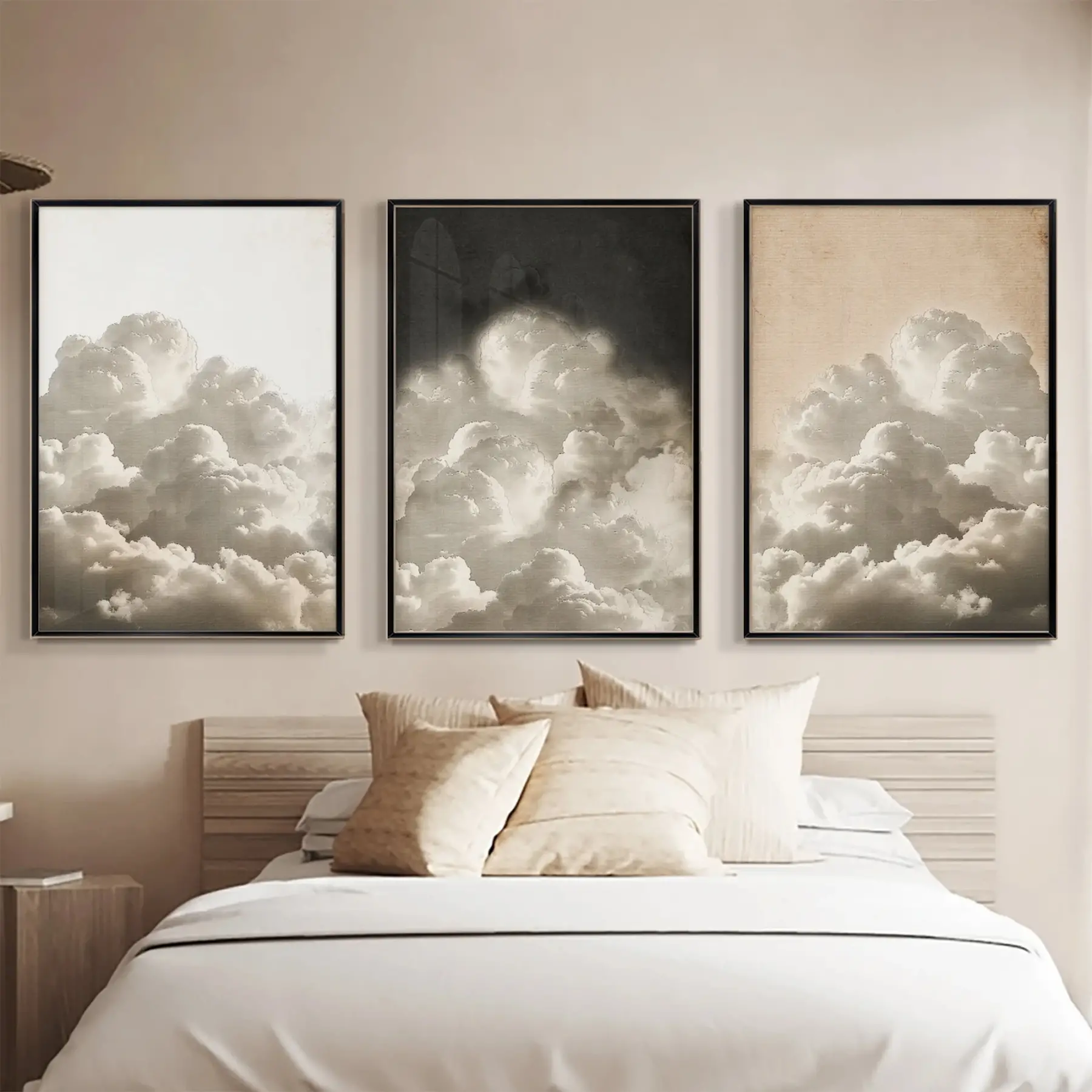 Siyah-Beyaz Bulut Desenli Siyah Metal Çerçeveli Cam Tablo