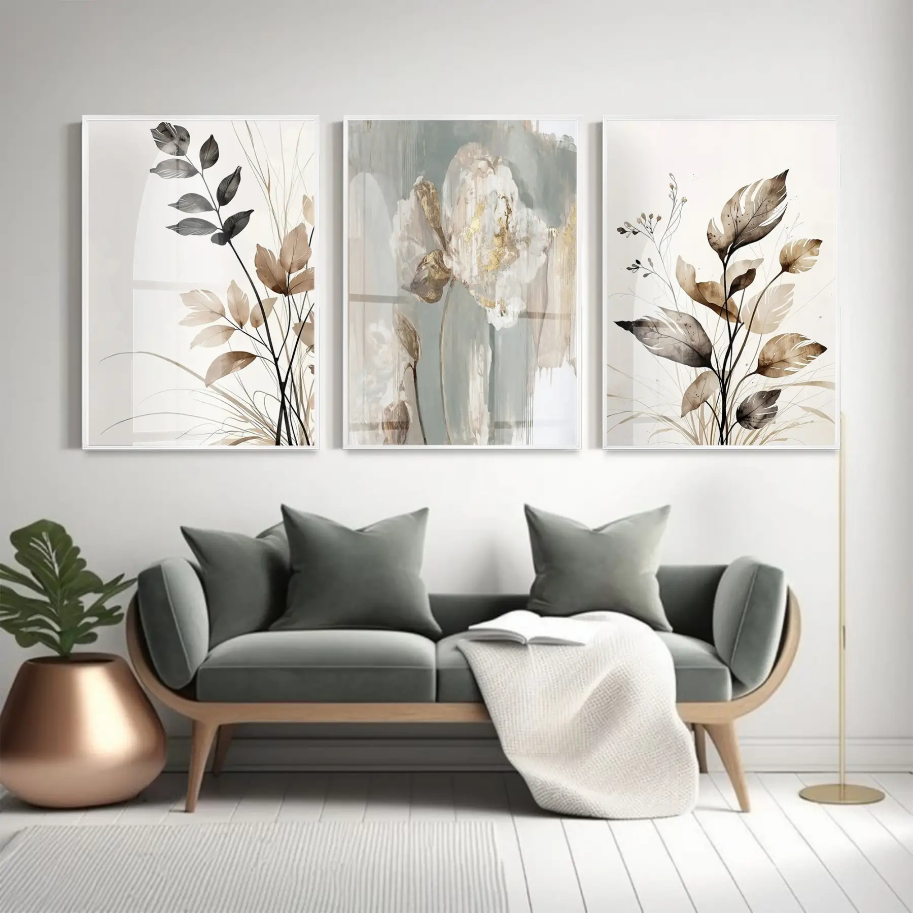 Siyah-Beyaz Çiçek Motifli Beyaz Metal Çerçeveli Cam Tablo