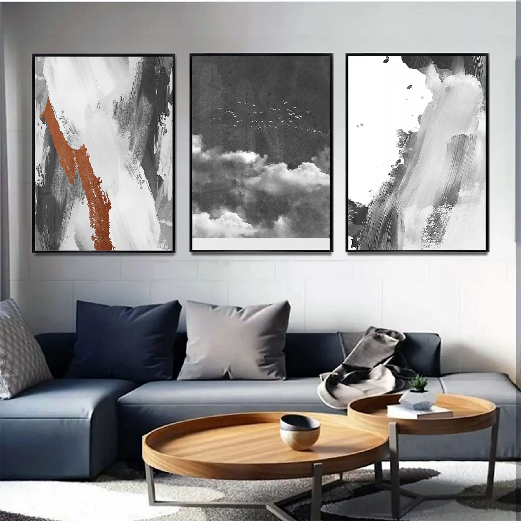 Siyah Beyaz Tonlar Üçlü Metal Çerçeveli Tablo Seti