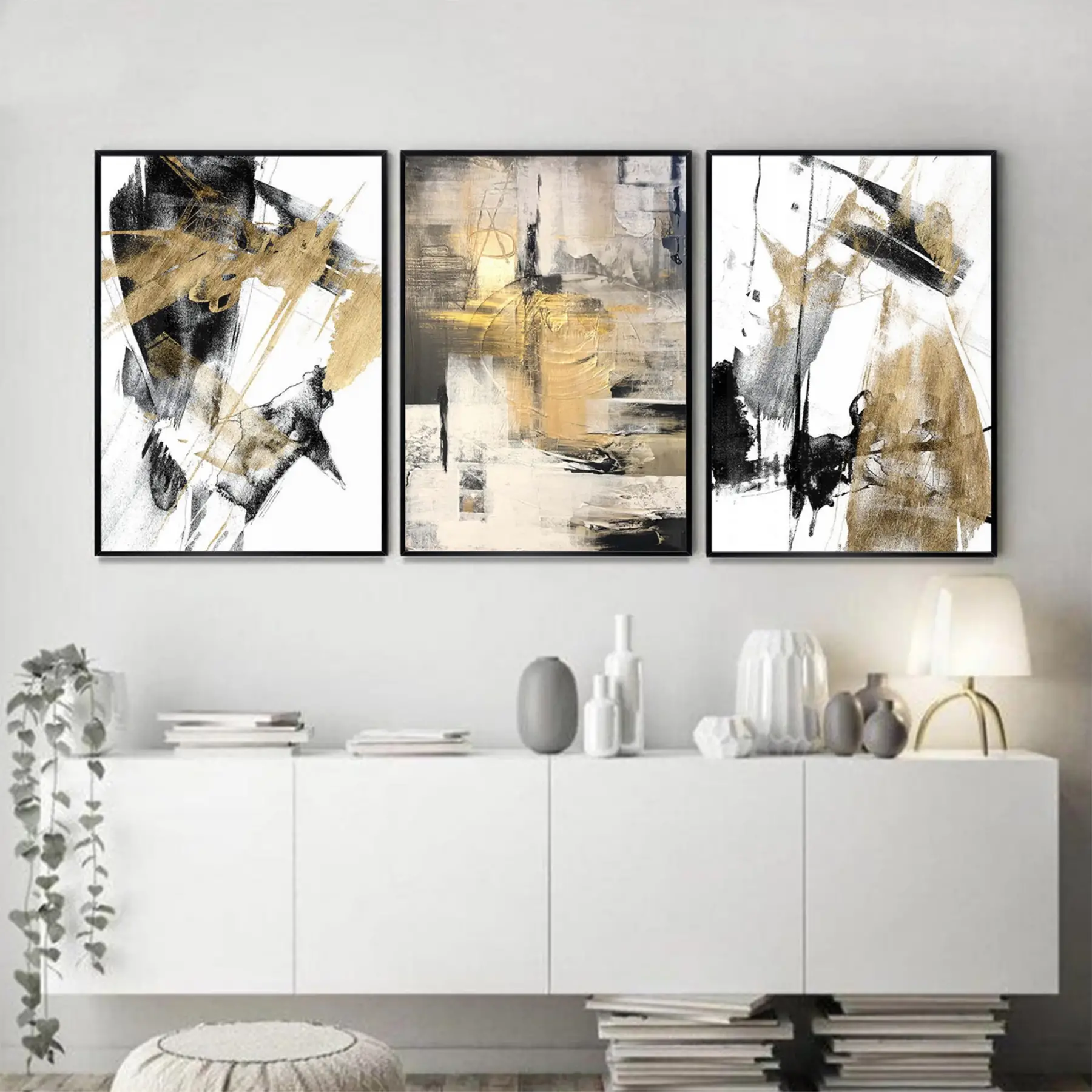 Siyah Gold Çizgi Desenli Metal Çerçeveli Tablo Seti Siyah