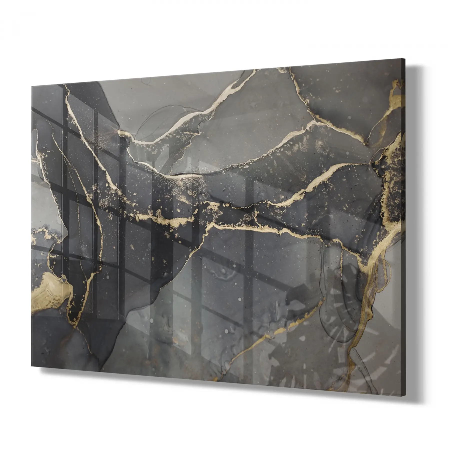 Siyah Gold Soyut Desenli Tekli Yatay Cam Tablo