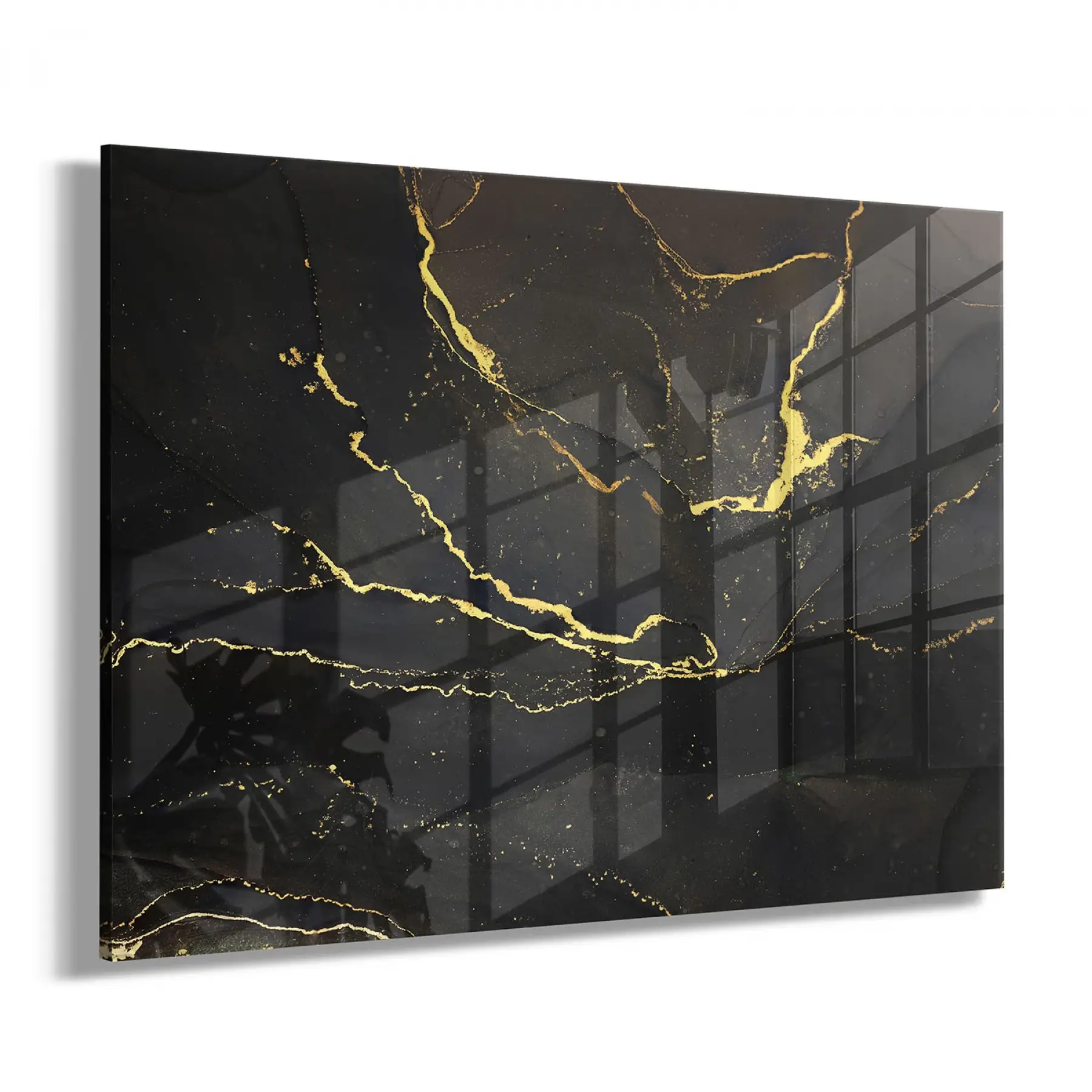 Siyah Üzerinde Altın Detaylı Tekli Yatay Cam Tablo