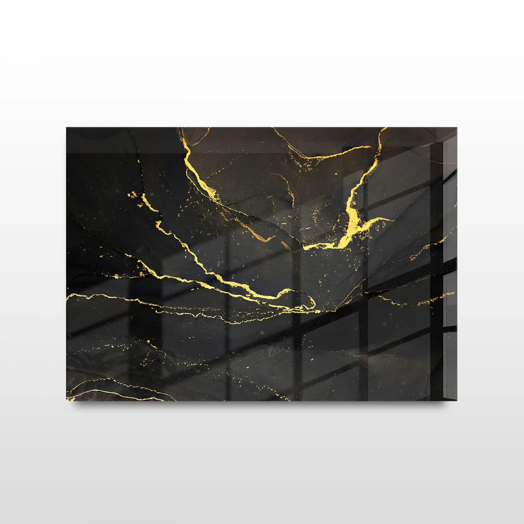 Siyah Üzerinde Altın Detaylı Tekli Yatay Cam Tablo