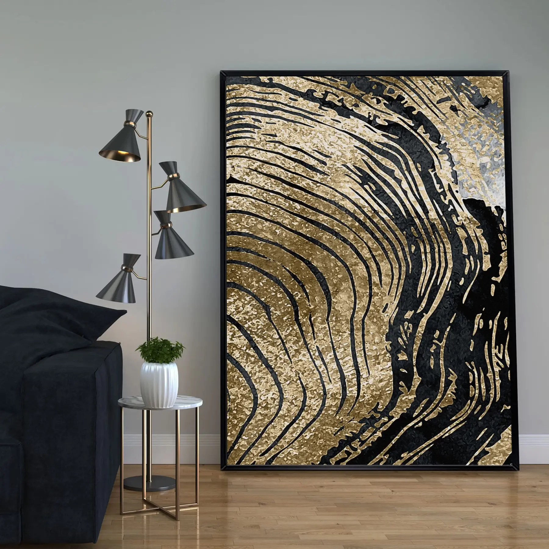 Siyah ve Altın Temalı Tekli Metal Çerçeveli Tablo