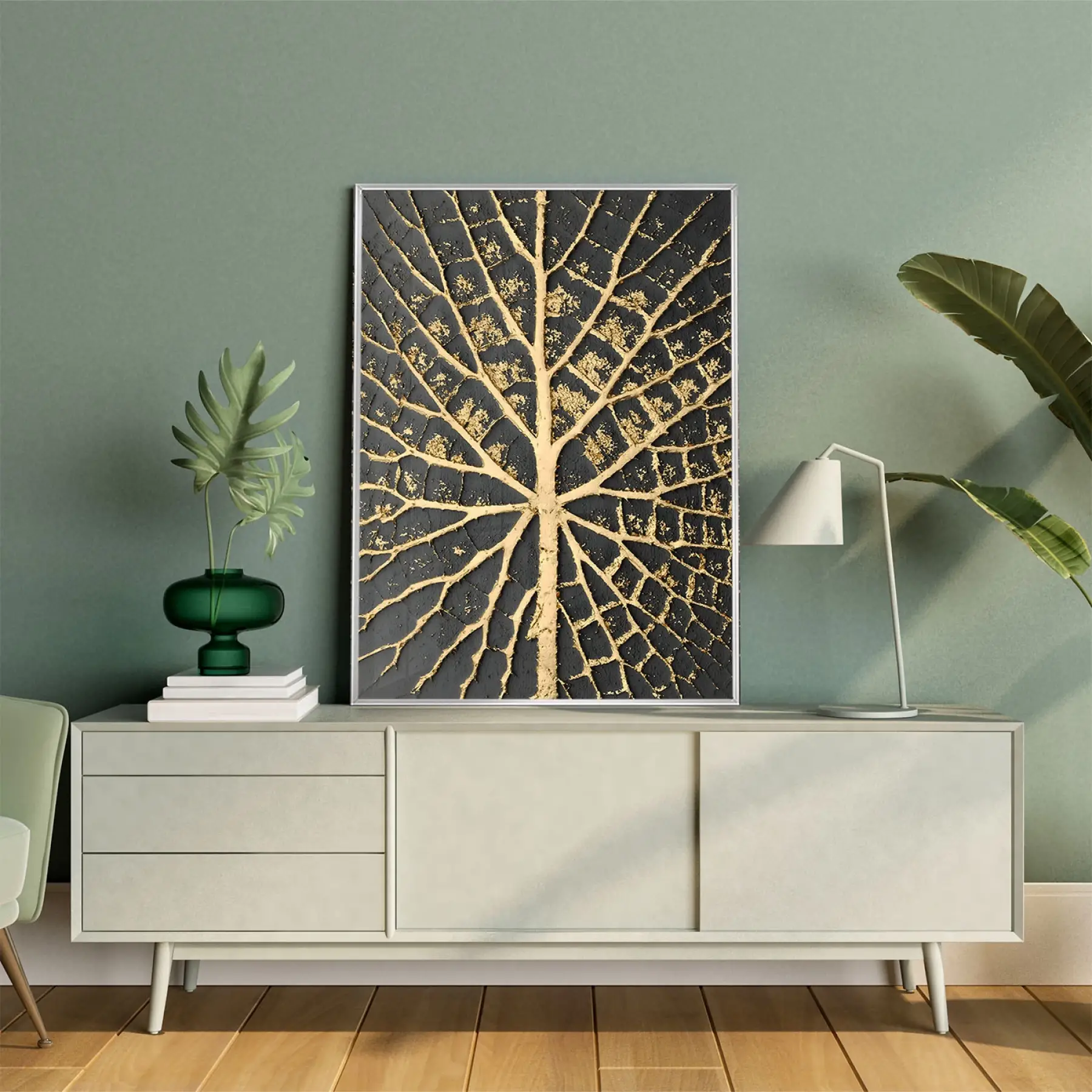 Siyah ve Altın Yaprak Detaylı Tekli Metal Çerçeveli Tablo