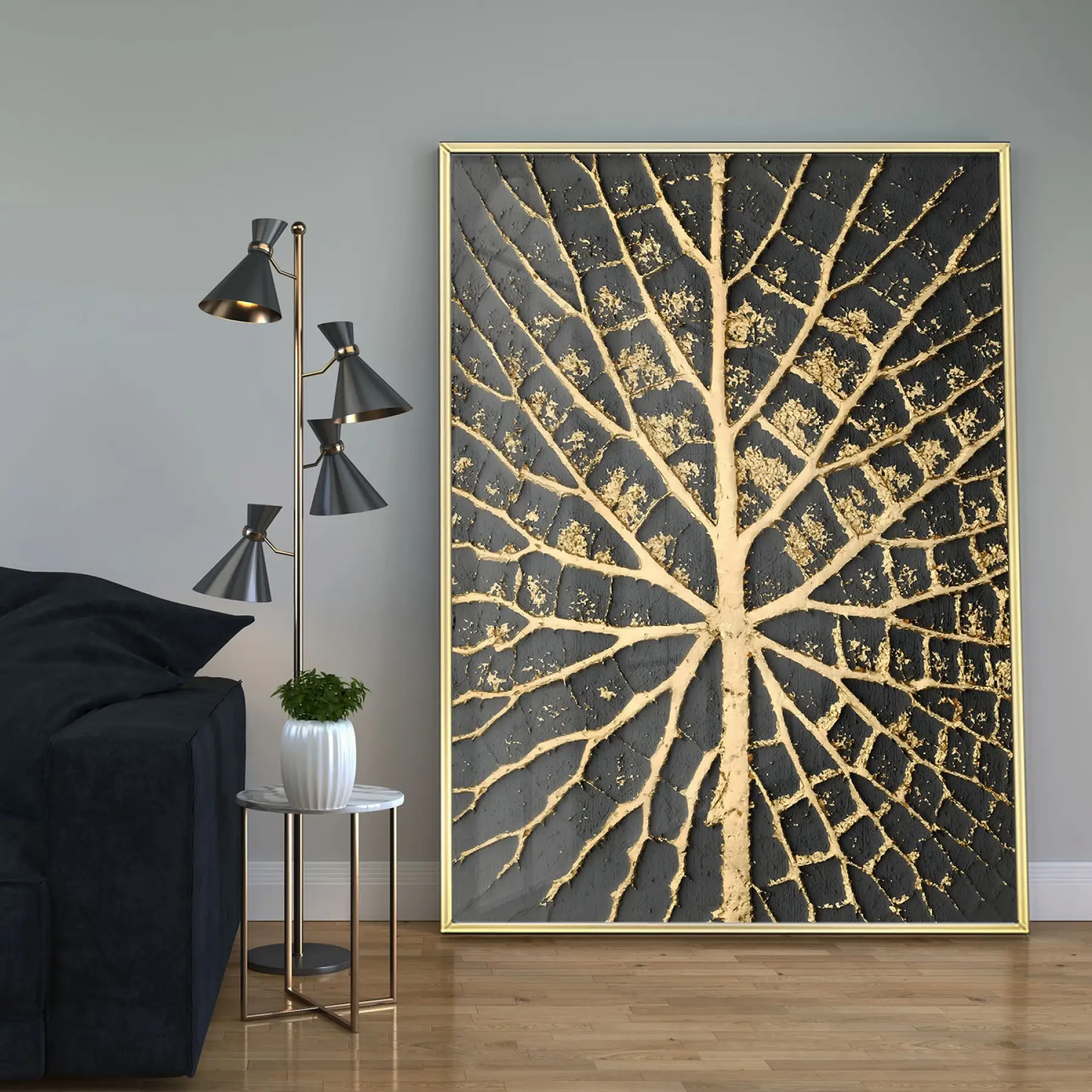 Siyah ve Altın Yaprak Detaylı Tekli Metal Çerçeveli Tablo