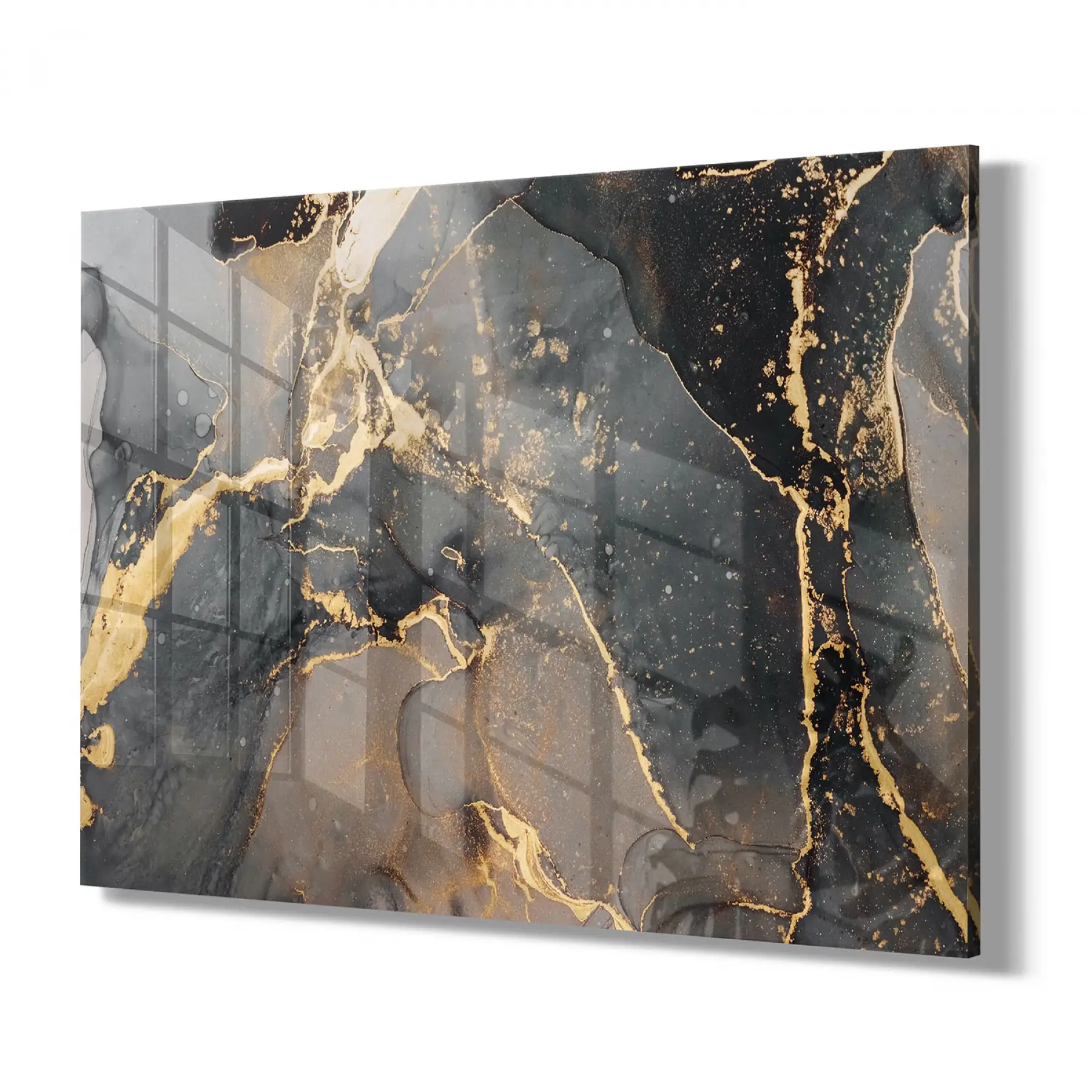 Siyah ve Gold Desenli Tekli Yatay Cam Tablo