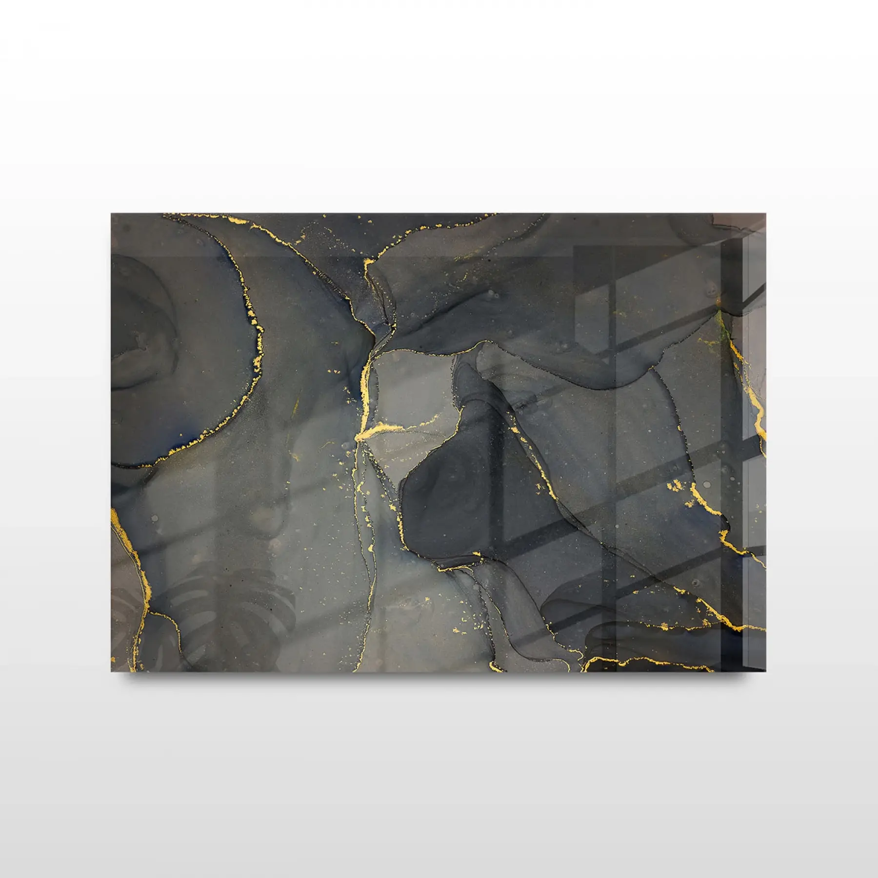 Siyah ve Gold Mermer Desenli Tekli Yatay Cam Tablo