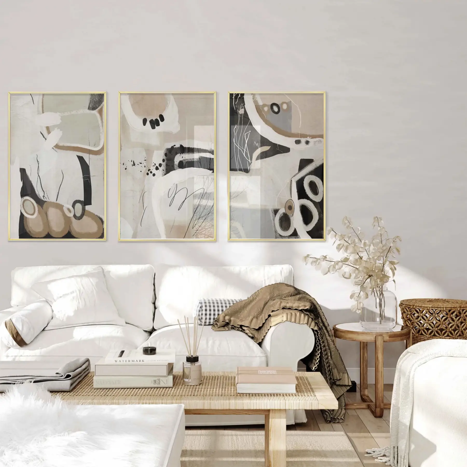 Siyah ve Kahve Tonları Boho Gold Metal Çerçeveli Tablo Seti