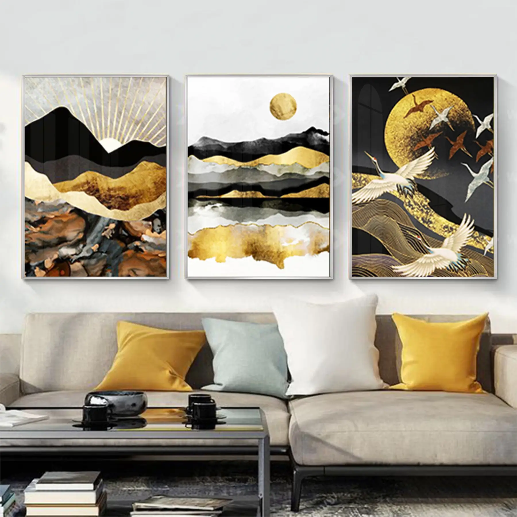 Siyah Ve Sarı Detaylı Metal Çerçeveli Tablo Seti Gümüş