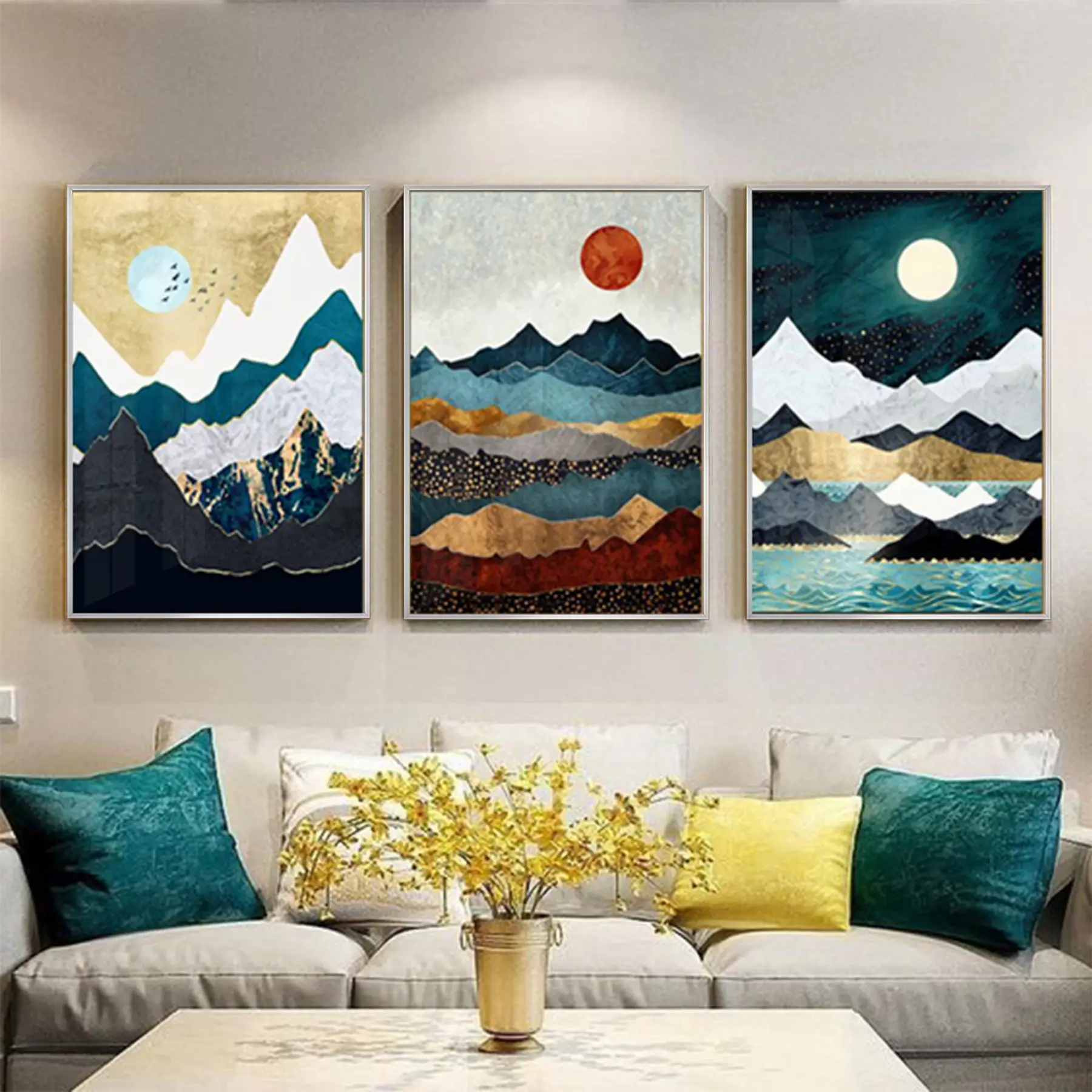 Soyut Desenli Metal Çerçeveli Tablo Seti Gümüş