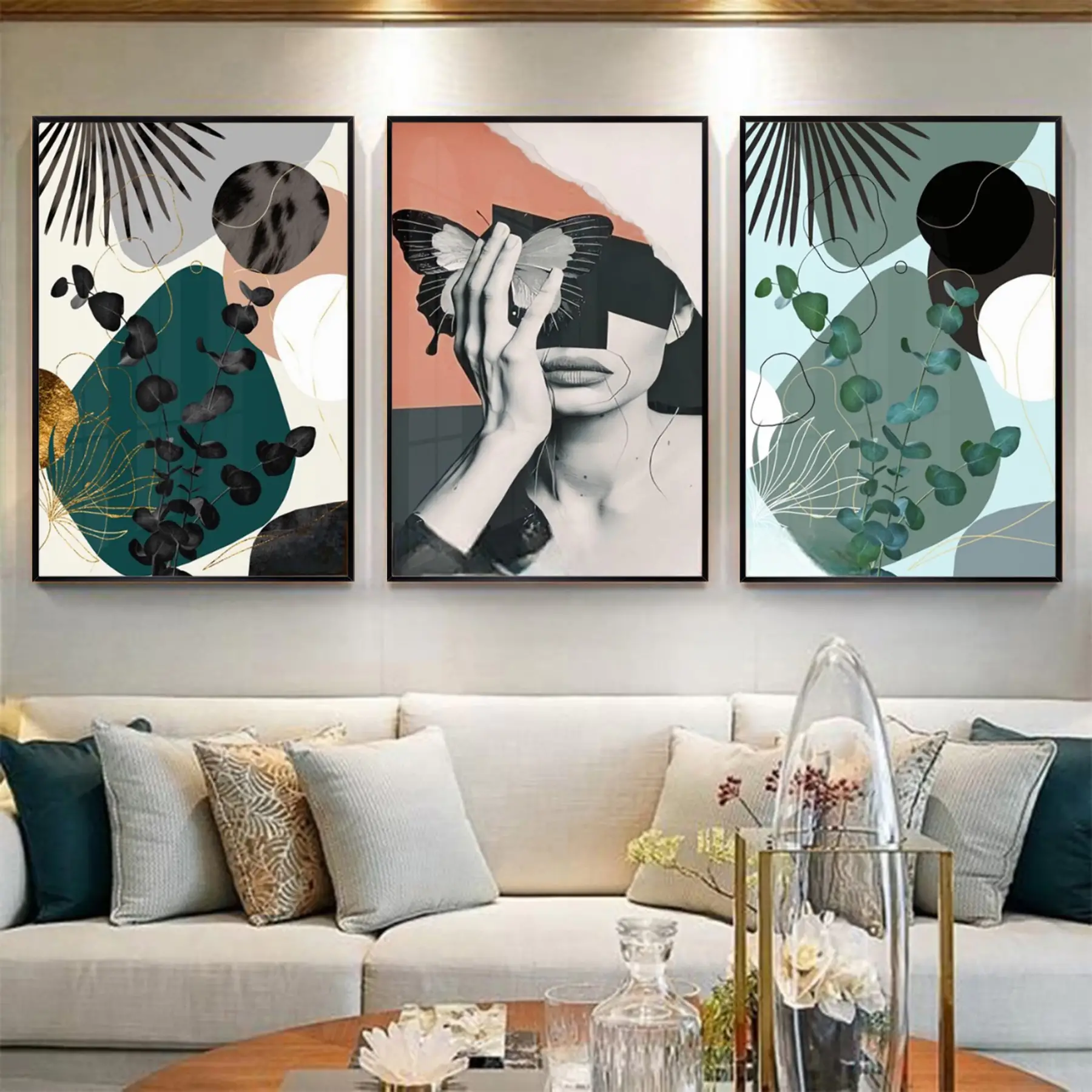 Soyut Figürler Ve Yeşil Detaylı Metal Çerçeveli Tablo Seti Siyah
