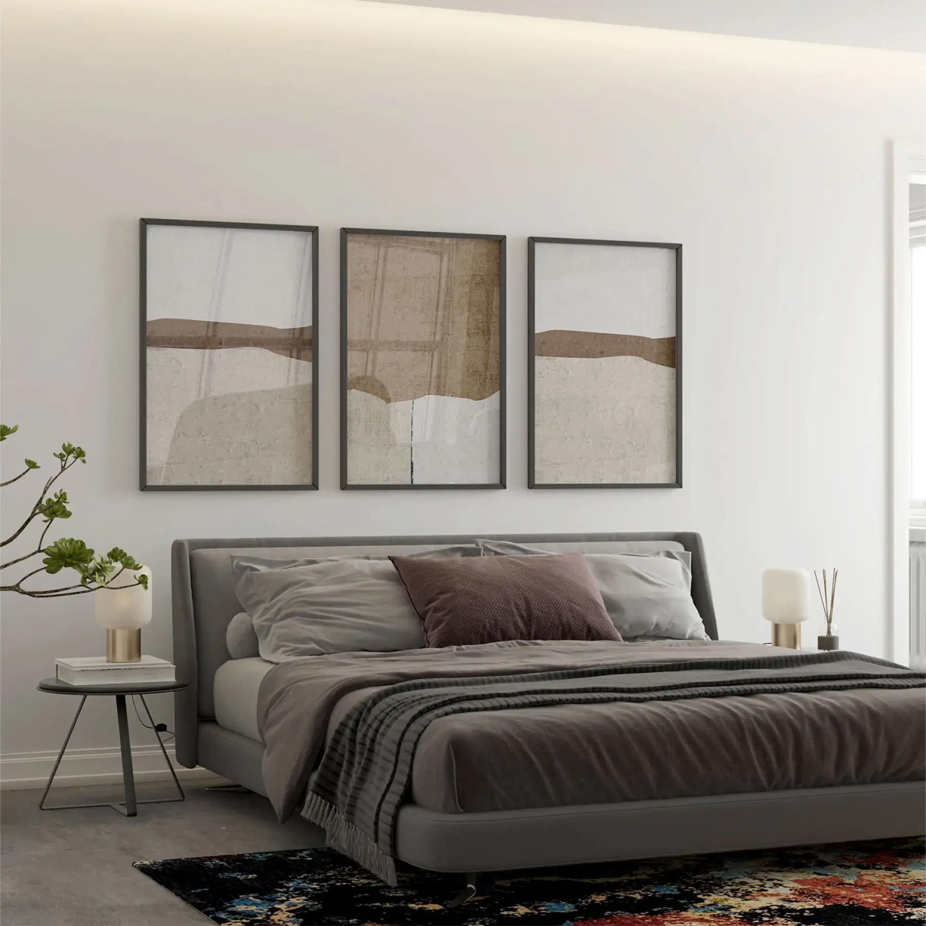 Soyut Tasarım Desenli Üçlü Metal Çerçeveli Tablo Seti